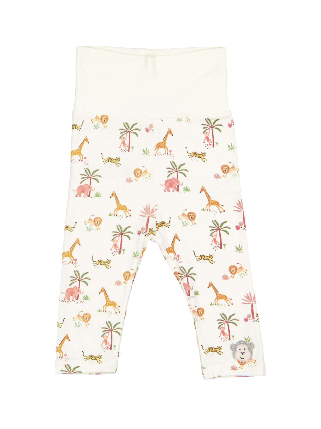 Leggings Weiß für Babys mit umklappbarem Bund, verziert mit Safari-Tieren und Palmenmuster, ideal für den stilvollen Look aus der bellybutton-Kollektion.