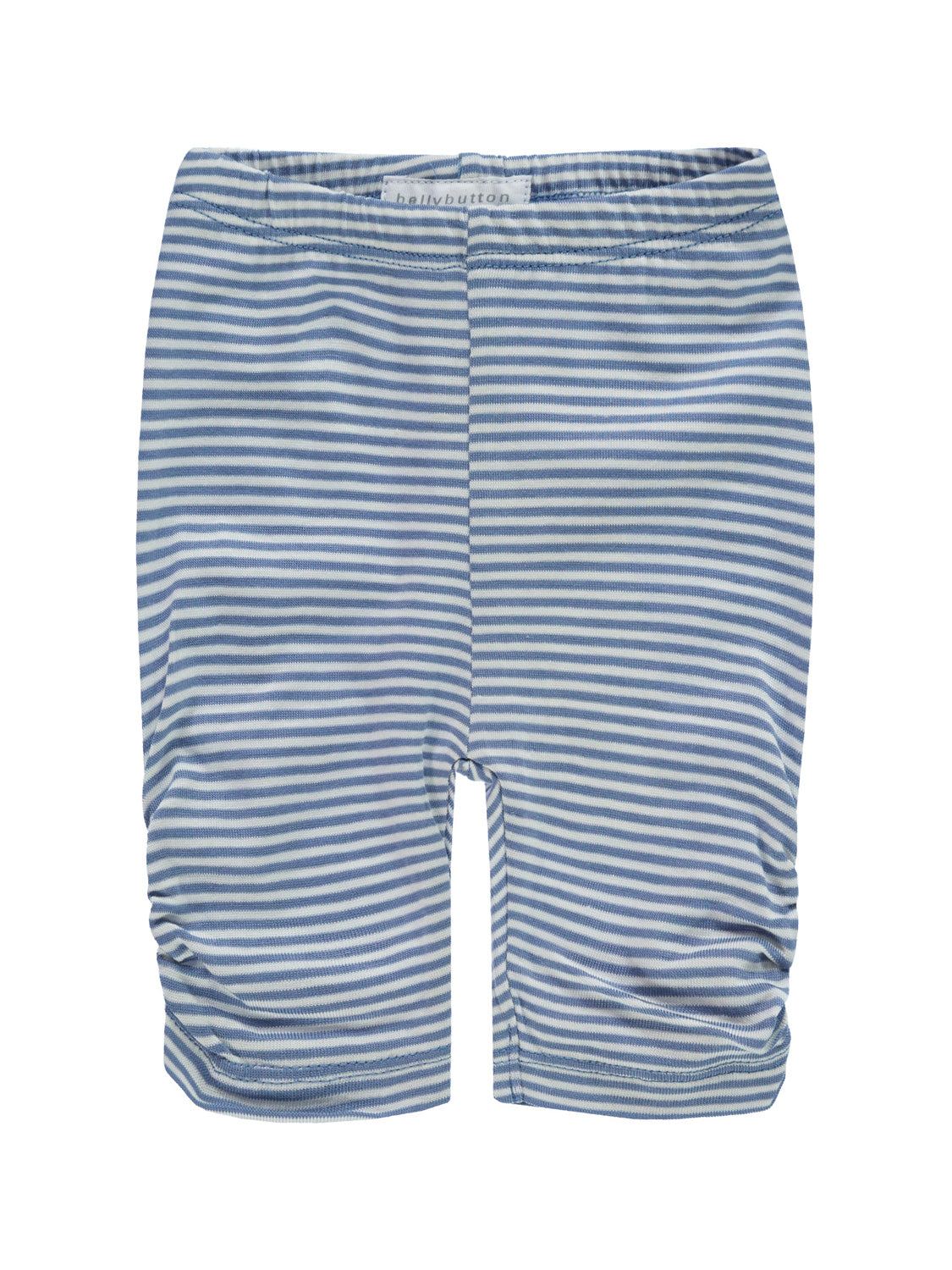 Leggings Flower Garden Blau: Weiche, kniehohe Strickleggings in baby- oder kleinkindgerechter Größe mit elastischem Bund und zarten, horizontalen Streifen in Blau und Weiß.