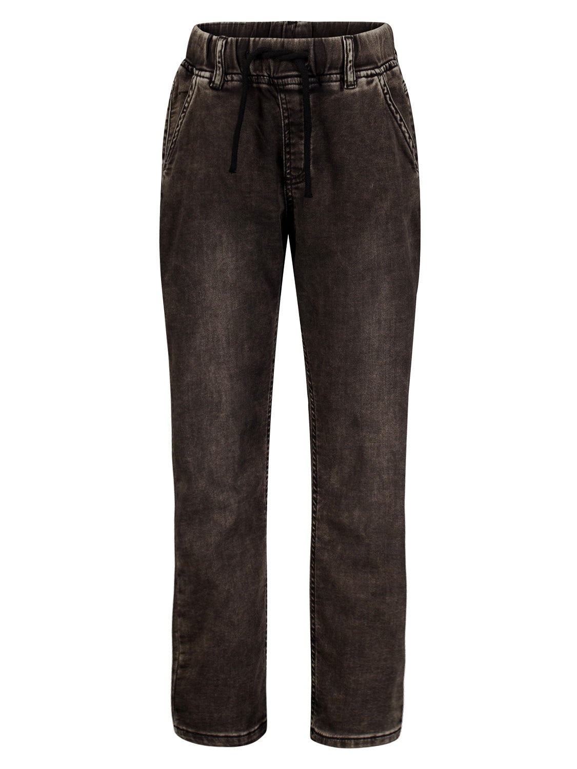 Jeans Anthrazit: Dunkel gewaschene Knit-Denim Schlupf-Jeans mit elastischem Bund, schwarzem Kordelzug, schrägen Fronttaschen und leicht zulaufendem Bein von Esprit.