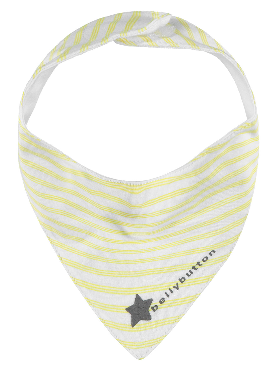 Schal Weiß: Dreieckiges Baby-Halstuch mit gelb-weißen Streifen, einem kleinen Sternmotiv und bellybutton-Aufschrift, ideal für sanfte und stilvolle Babymode.