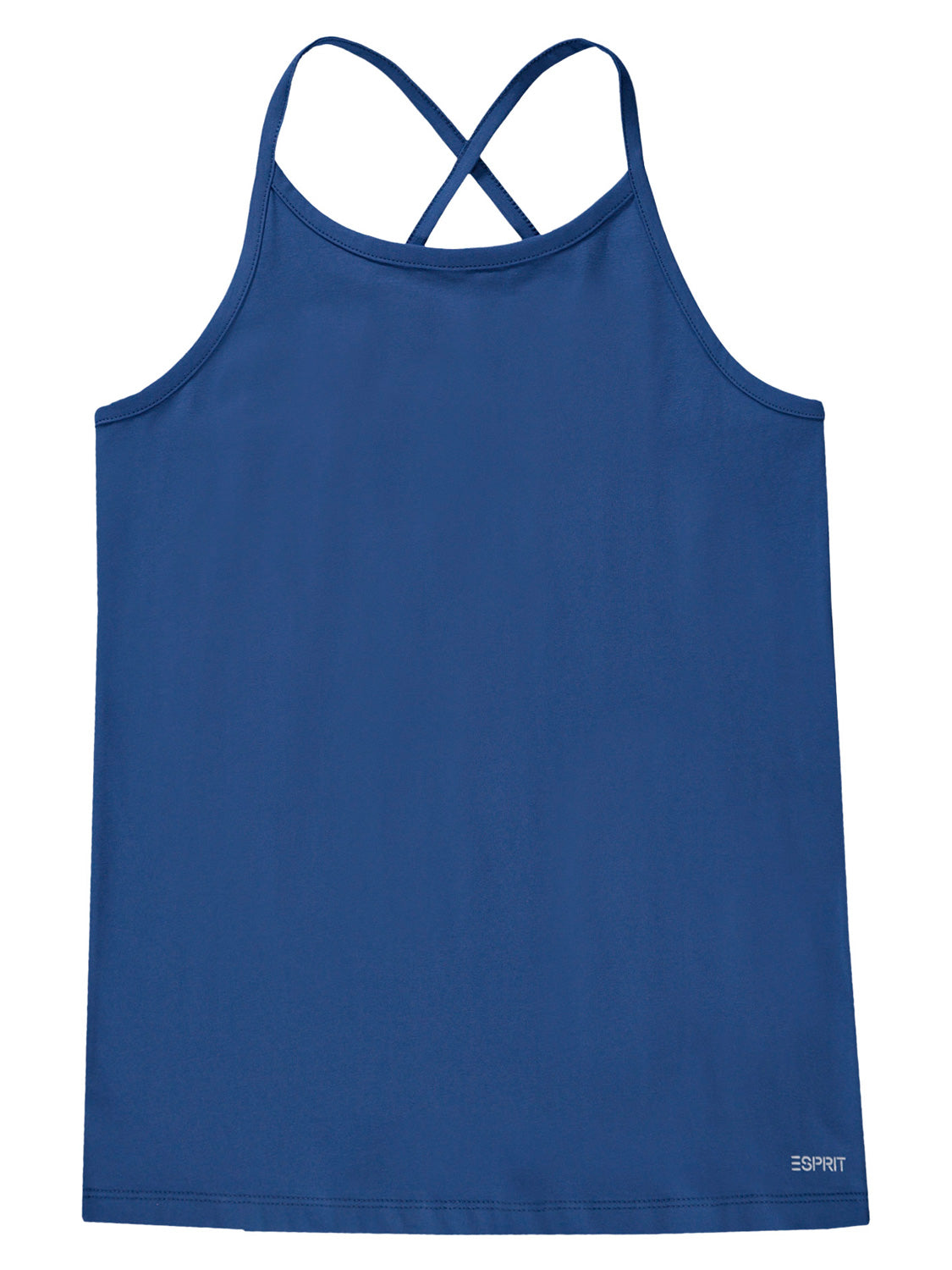Damen-Top Blau mit gekreuzten Spaghettiträgern, elastischem Baumwoll-Jersey und ESPRIT-Logo am Saum, passend für moderne und stilvolle Mamas.