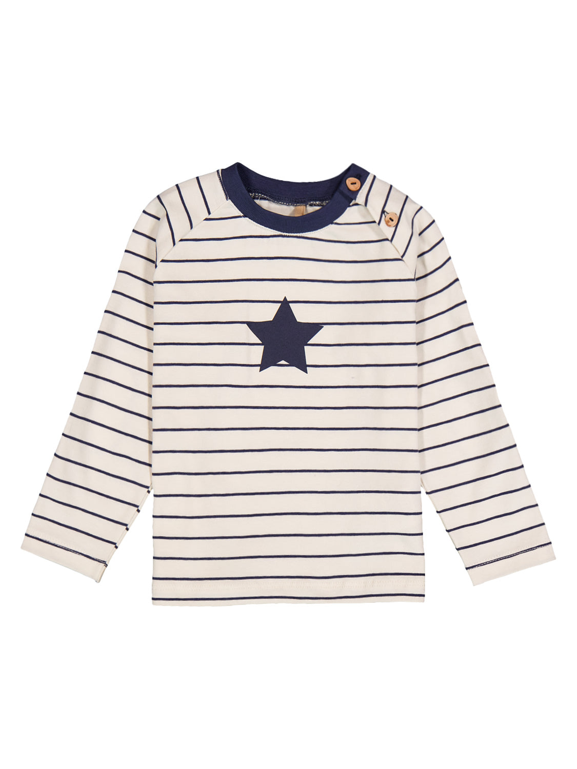 Langarm-T-Shirt für Kinder in Cremeweiß mit marineblauen Streifen, Crew-Ausschnitt und aufgedrucktem Stern. Ideal für lässigen Stil bei bellybutton.