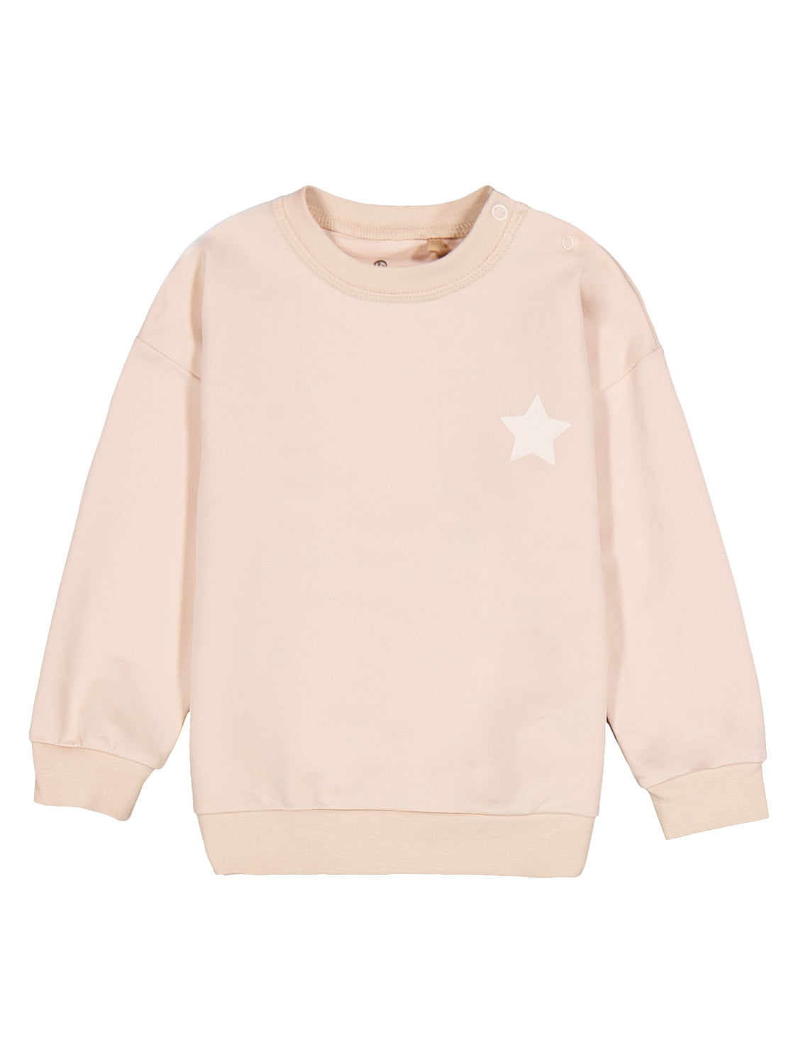 Sweatshirt Beige: Kinderpullover mit Rundhalsausschnitt, langen Ärmeln, Druckknöpfen an der Schulter und einem kleinen weißen Stern auf der linken Brust, ideal für sanften Komfort.