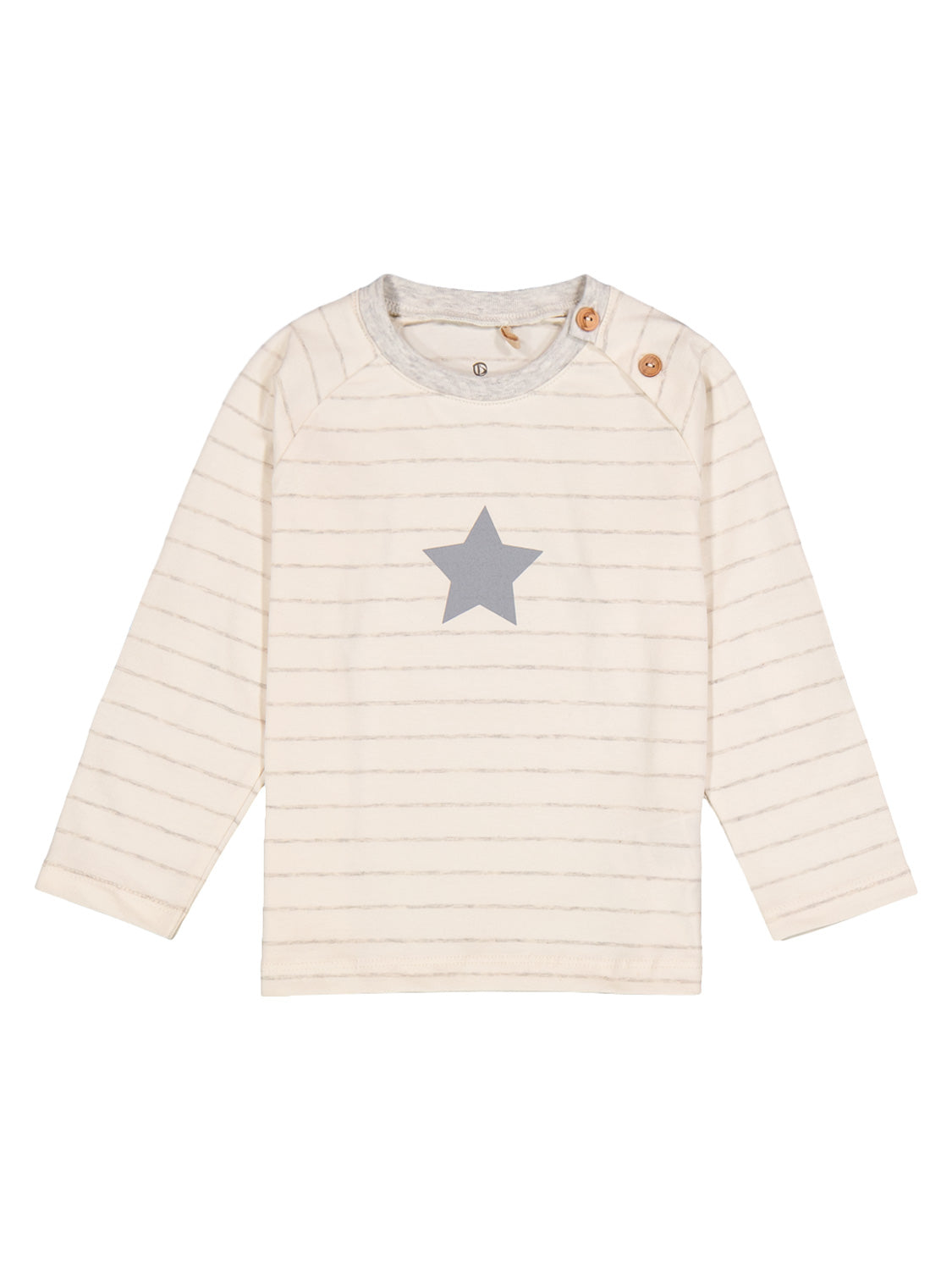 Langarm-T-Shirt Longsleeve Grau mit feinen Streifen und grauem Stern, aus weichem Stretch-Jersey, mit zwei Holzknöpfen an der Schulter, von bellybutton.