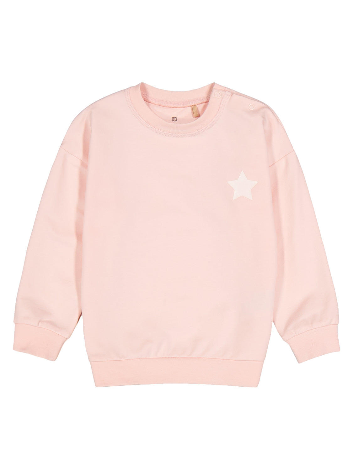 Sweatshirt Rosa: Langarm-Sweatshirt für Kinder mit Druckknöpfen an der Schulter, Rundhalsausschnitt und weißem Stern auf der Brust, ideal für einfaches Anziehen.