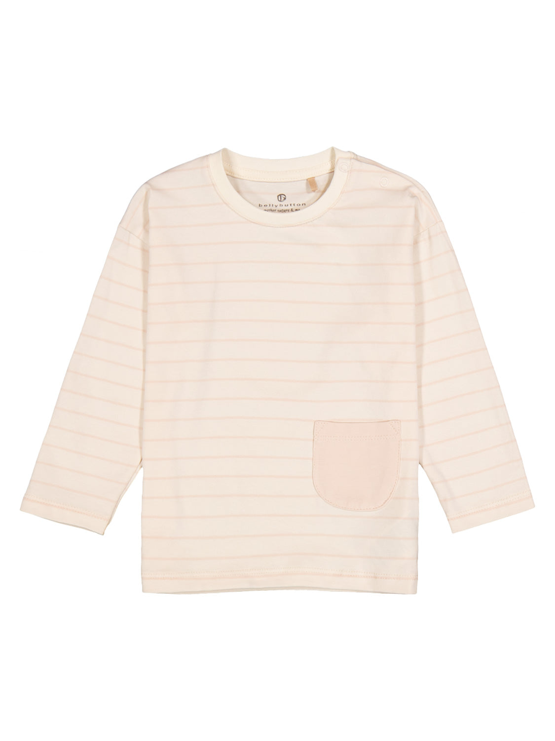 Langarmshirt Cremeweiß mit sandrosanen Streifen, aus weichem Stretch-Jersey, mit Rundhalsausschnitt, Schulter-Snap-Verschluss und Brusttasche, ideal für Babys und Kleinkinder von bellybutton.