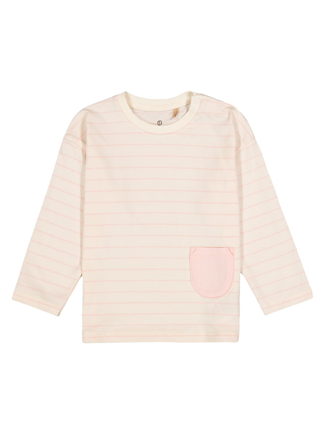 Langarmshirt Rosa mit sanftrosanen Streifen, aus weichem Stretch-Jersey, mit einer kleinen rosa Tasche und Druckknöpfen an der Schulter, ideal für einfaches Anziehen.
