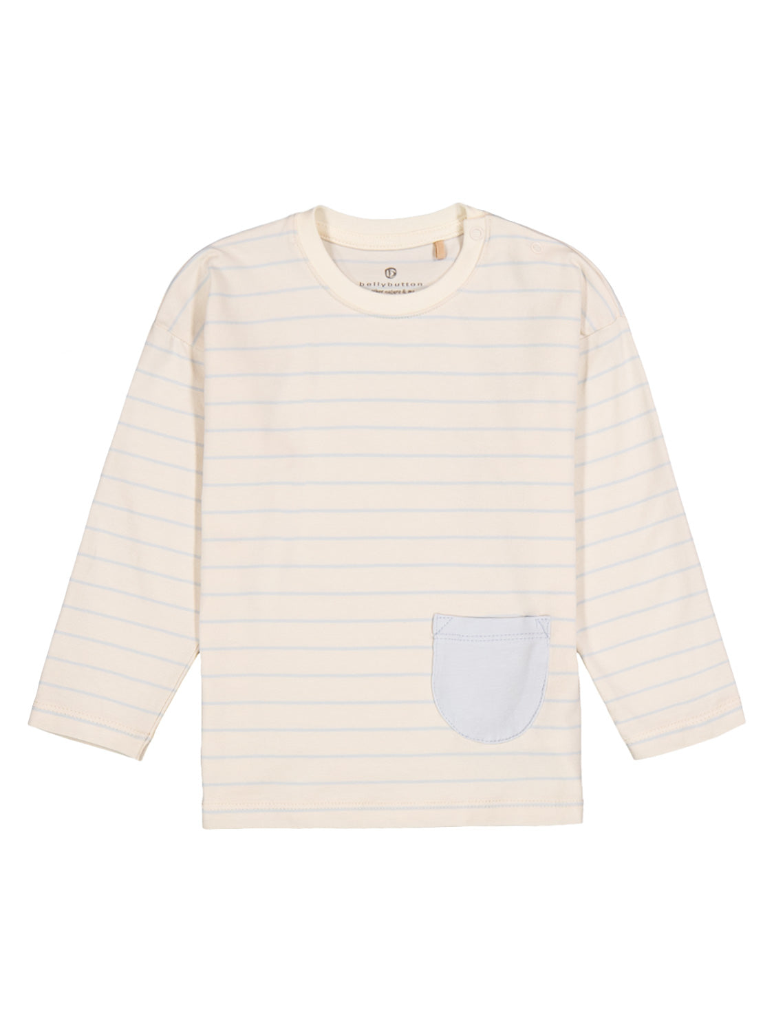 Longsleeve Hellblau: Langarmshirt aus cremeweißem Stretch-Jersey mit hellblauen Streifen, kleiner Tasche und zwei Druckknöpfen an der Schulter, ideal für einfaches Anziehen.