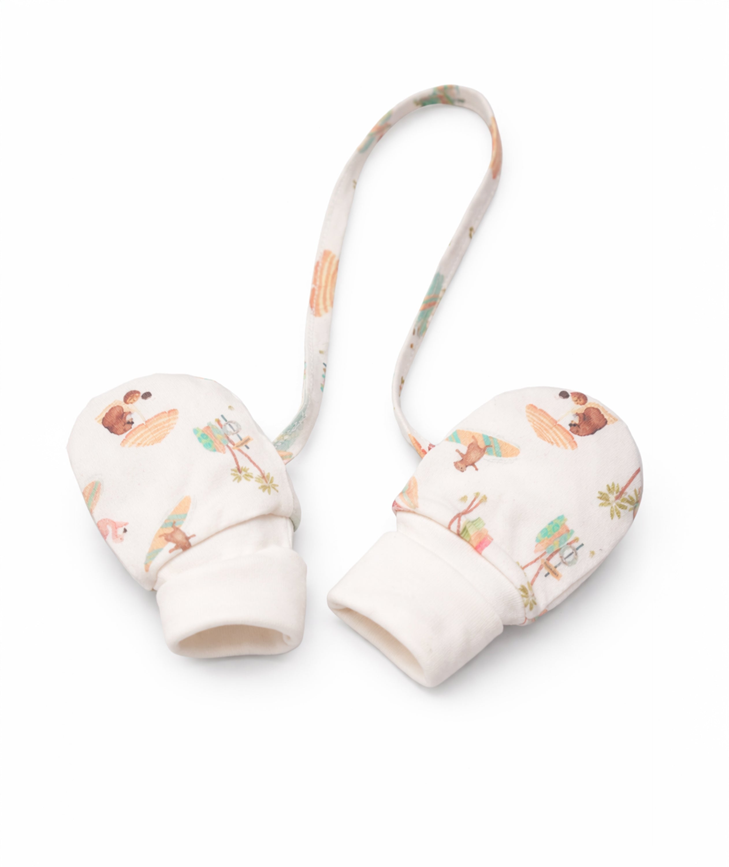 Pair of baby mittens with a strap on a white background