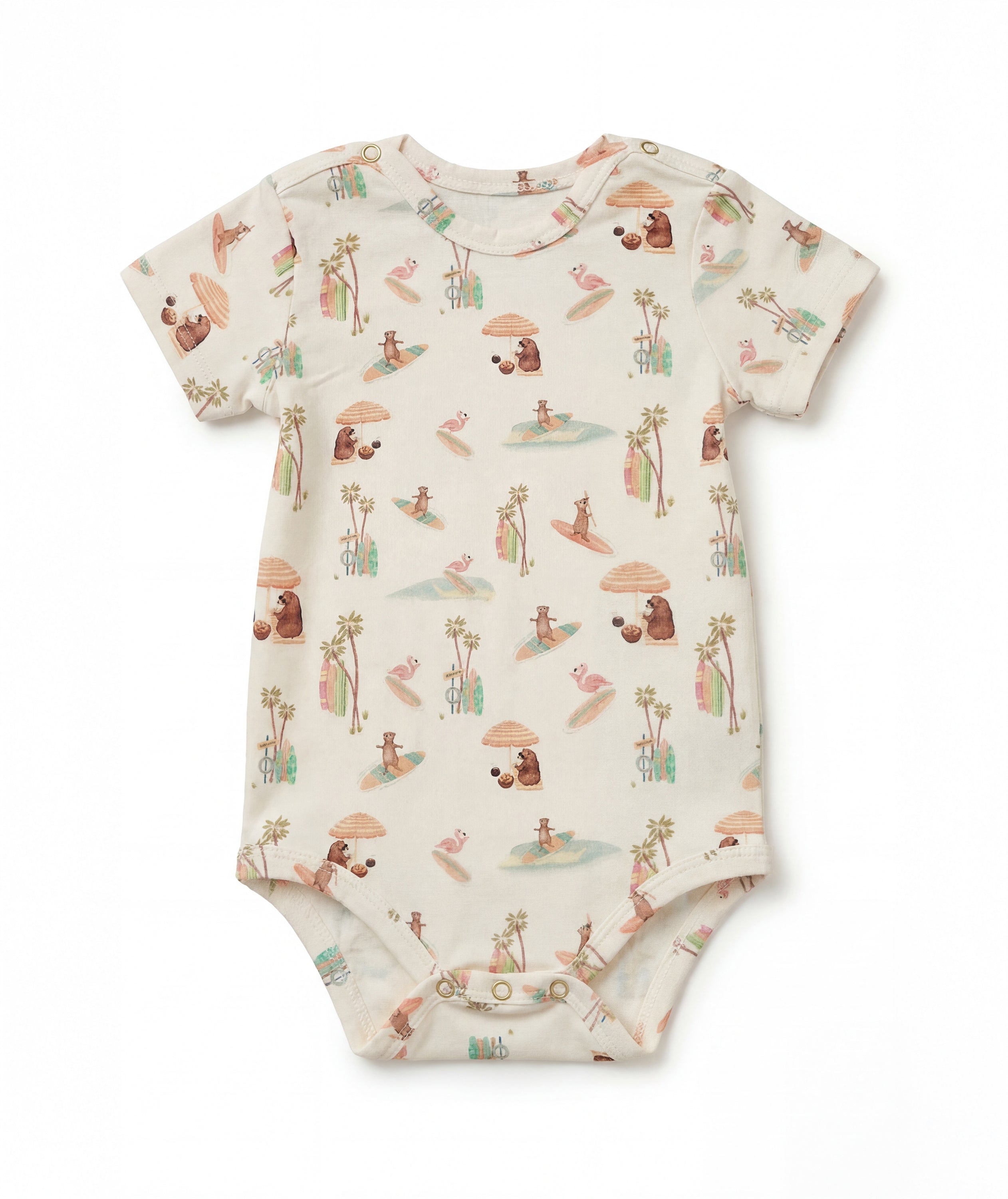Casa Marisol Beach baby bodysuit with surfing animals palm trees and surfboards California inspired newborn outfit
