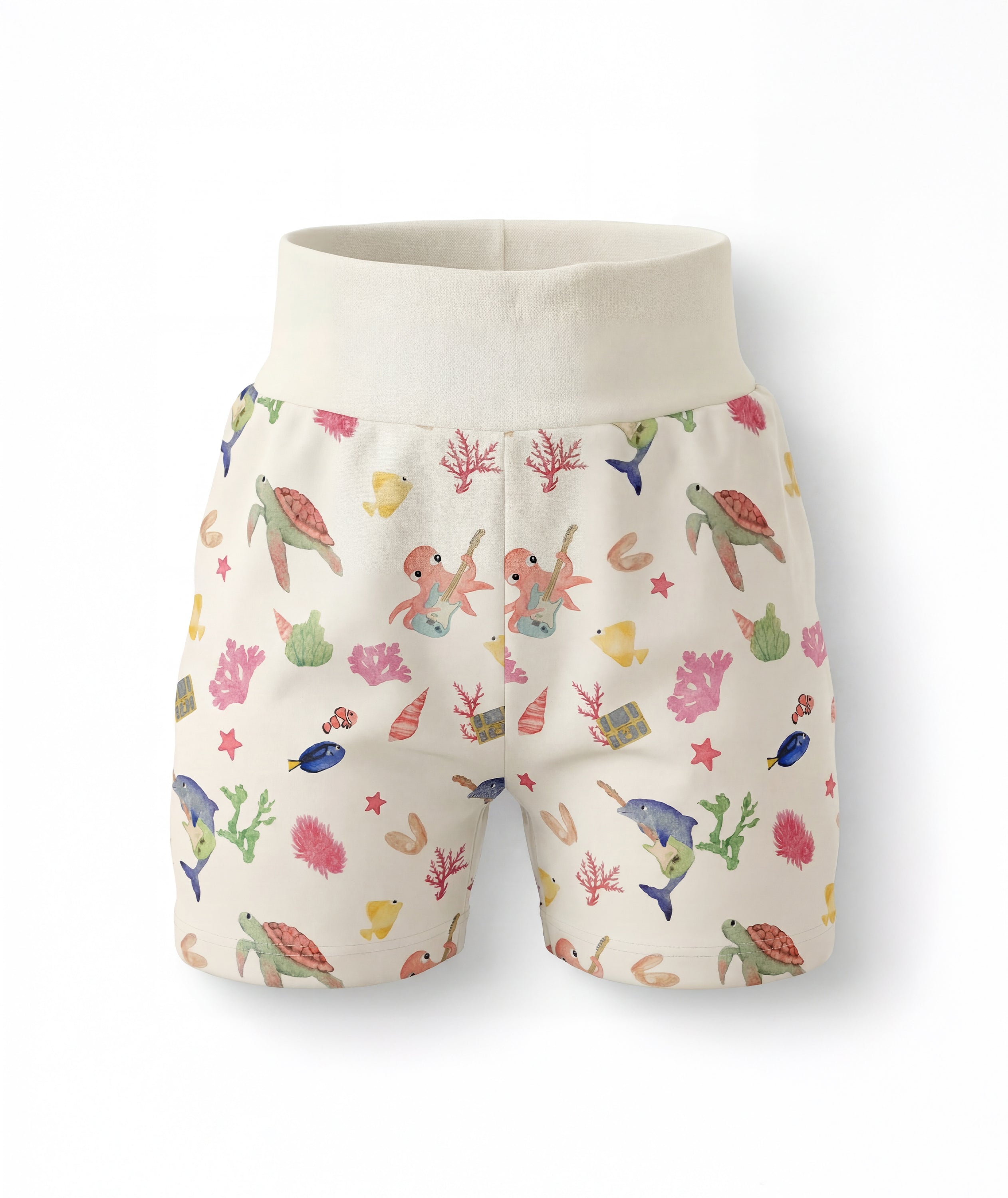Children's shorts with a colorful sea-themed pattern on a white background