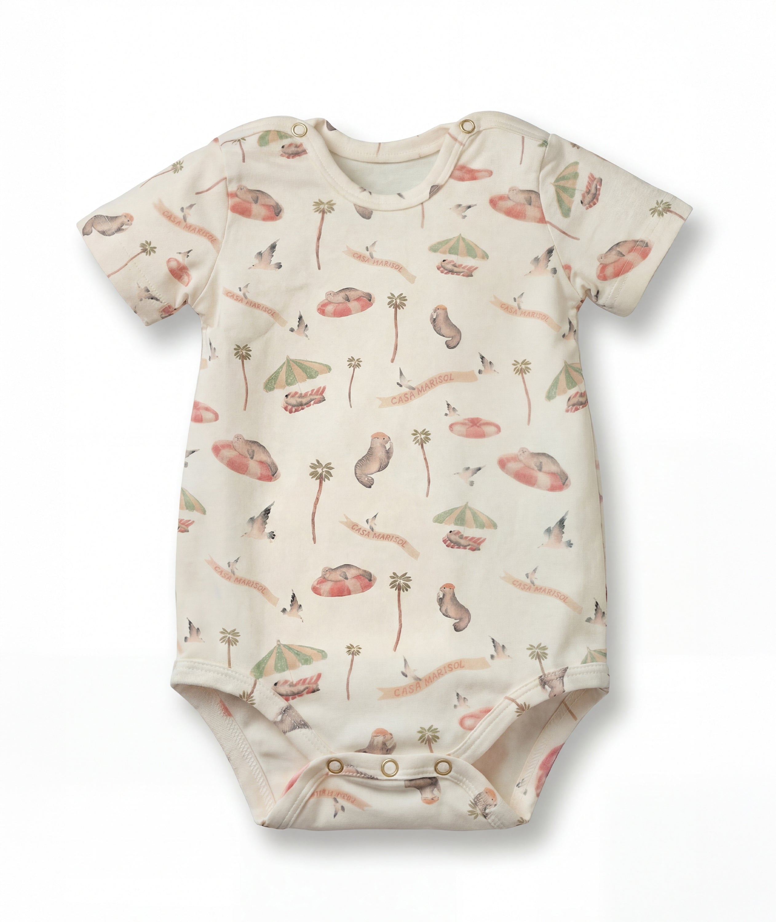 Baby onesie with nature-themed print on a white background