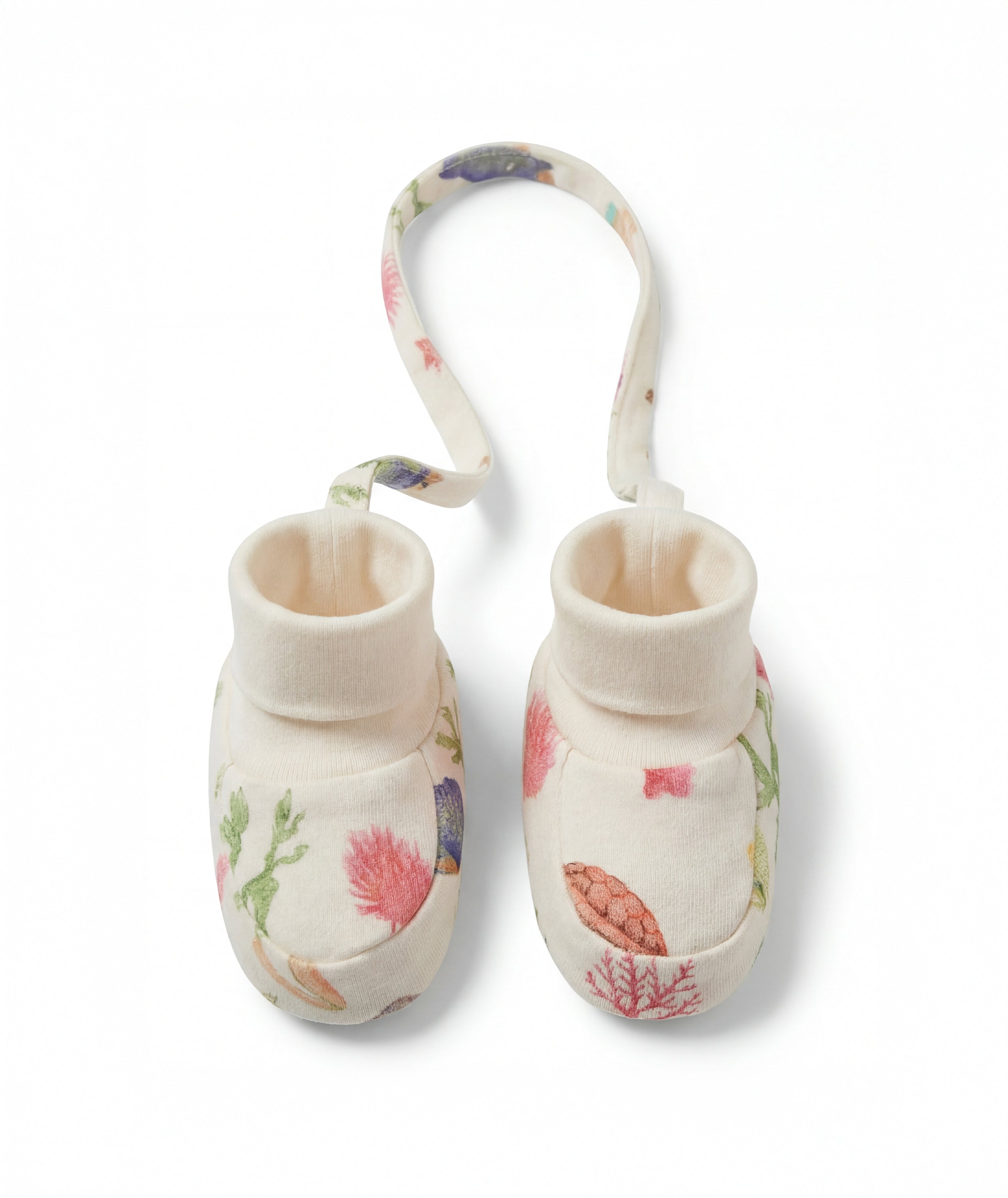 Pair of baby booties with floral design on a white background
