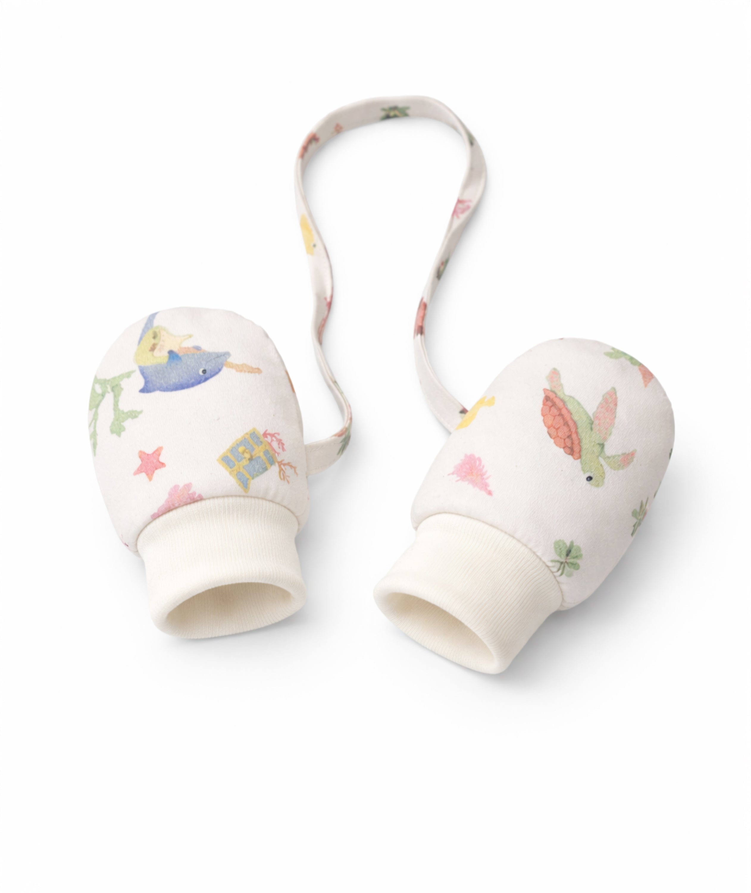 Pair of baby mittens with floral design on a white background