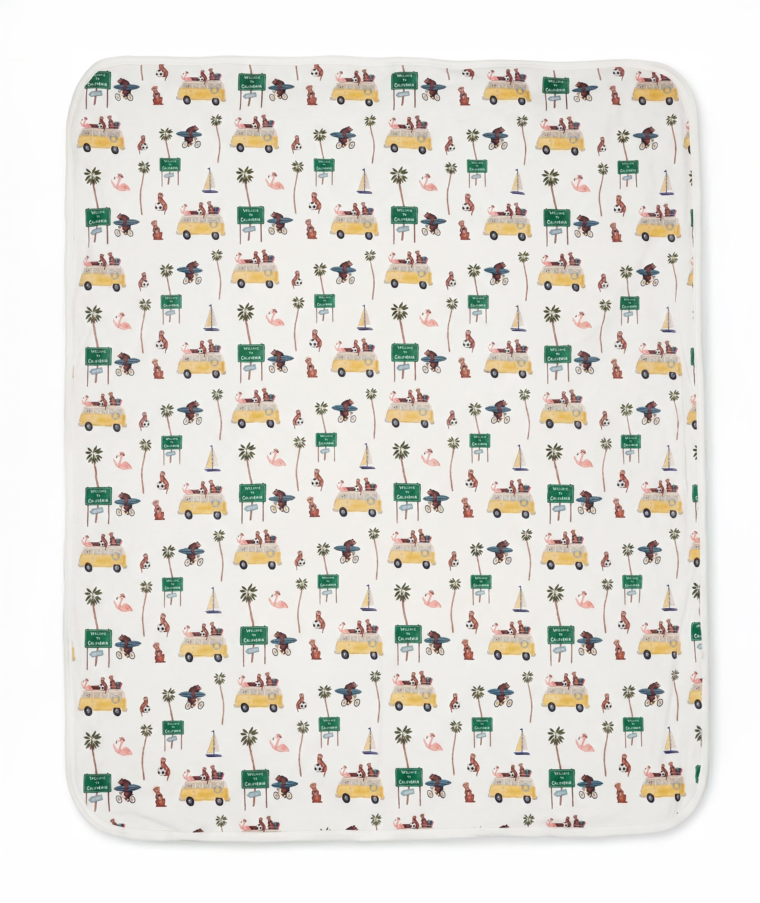 Patterned blanket with vehicles and nature elements on a white background