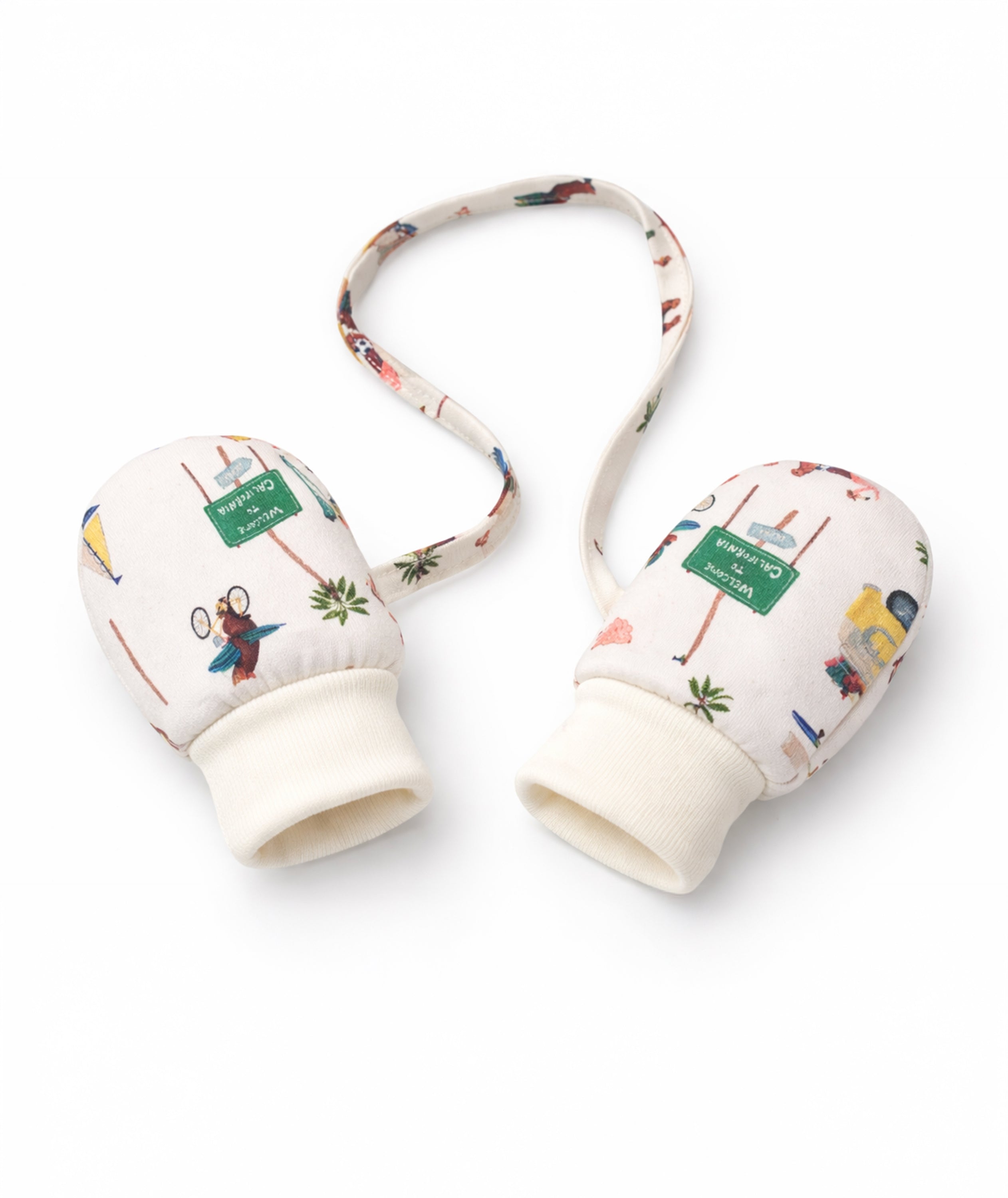 Pair of baby mittens with colorful pattern on a white background