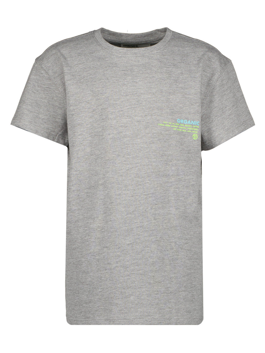T-Shirt DEAN in grau meliert mit kurzem Ärmel, Rundhalsausschnitt und kleinem ORGANIC-Aufdruck auf der Brust, aus Bio-Baumwolle. Perfekt für nachhaltige Kindermode.