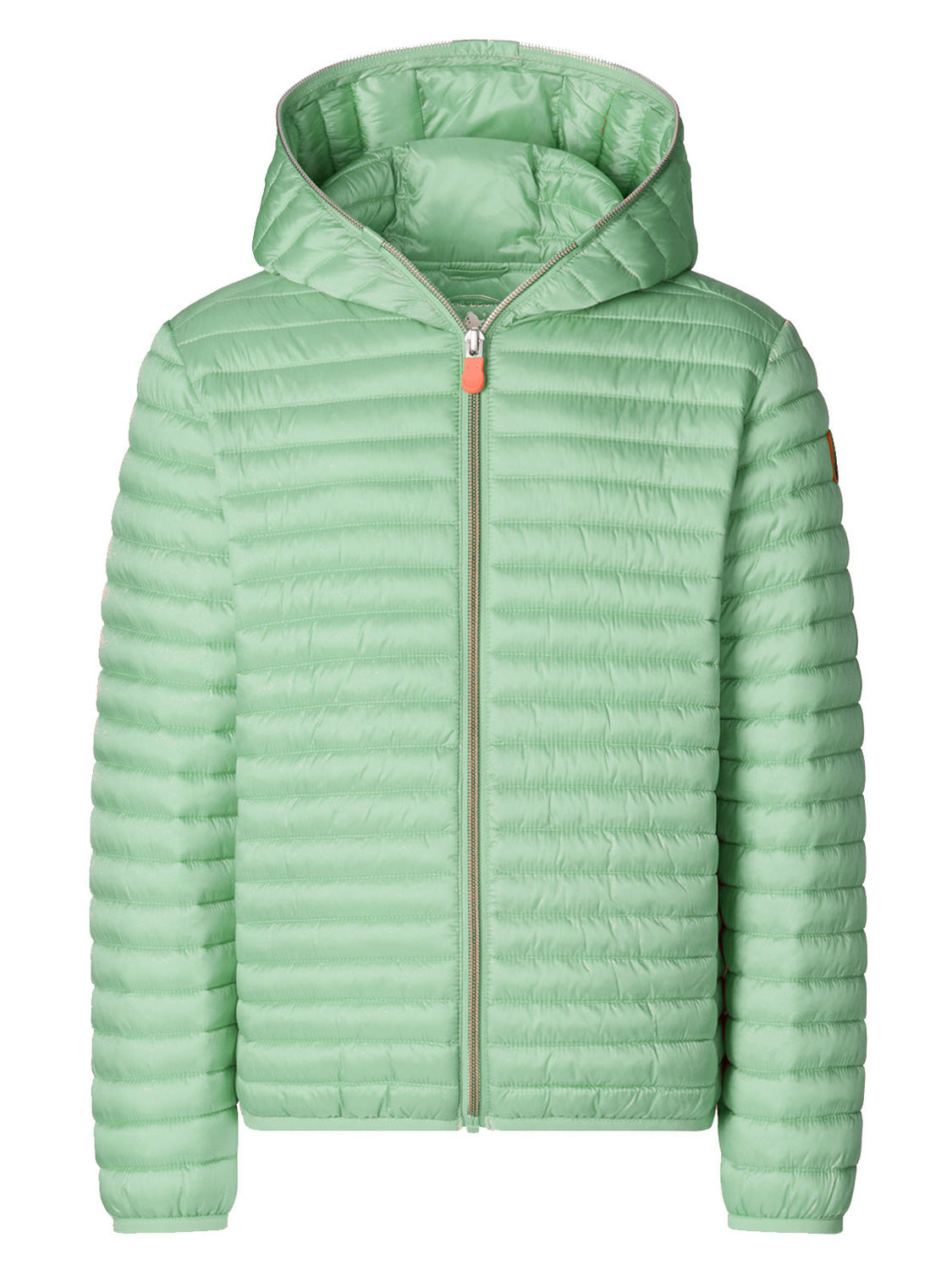 Steppjacke ROSY in Mintgrün, leicht und gesteppt, mit Kapuze und elastischen Bündchen, ideal für kühles Wetter, mit orangefarbenem Zipper, perfekt für Mamas und Kinder.