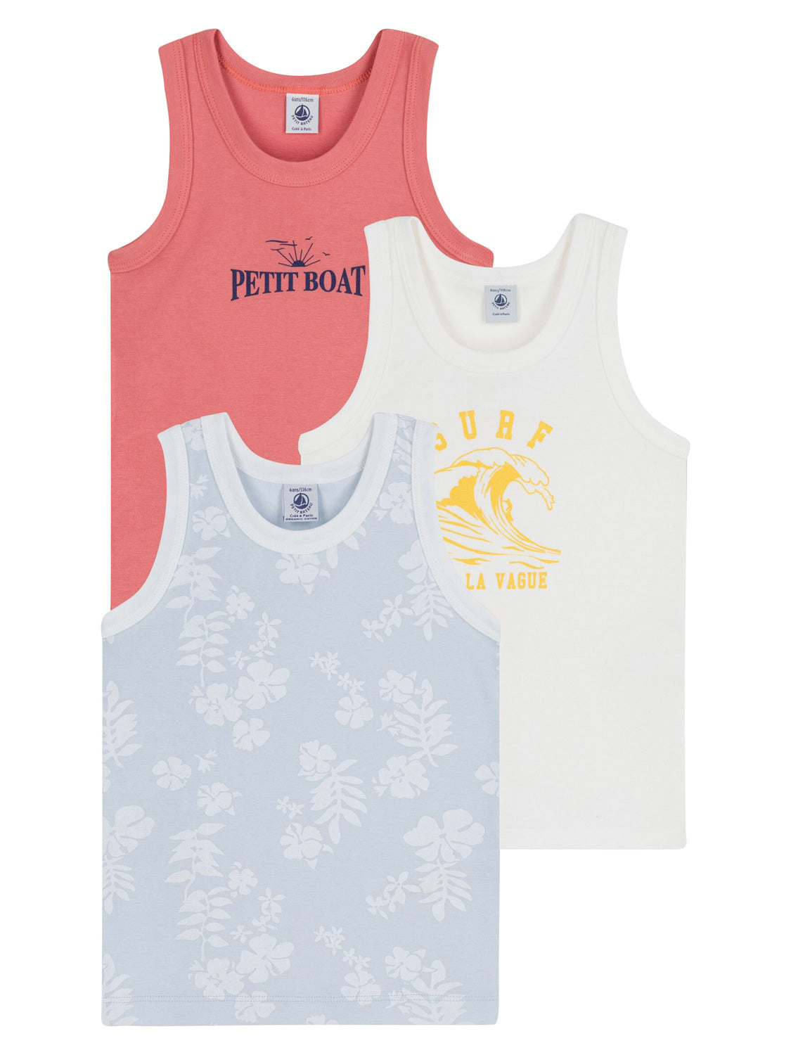 Träger-Unterhemd SMALL HAWAI 3er-Pack in multico multico zeigt drei Kinder-Tanktops mit maritimem und tropischem Design, ideal für sommerliche Kinderoutfits von bellybutton.