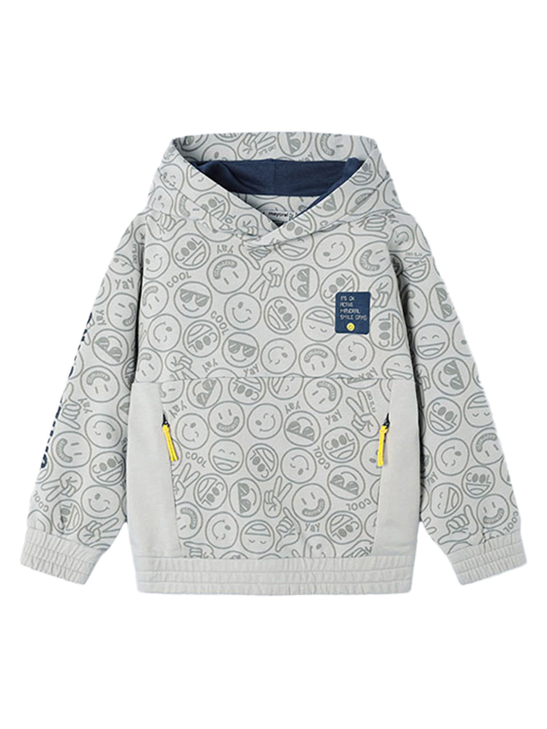 Kapuzensweatshirt COOL mit Smiley-Prints, gefütterter Kapuze, elastischen Bündchen, Fronttasche mit gelben Reißverschlüssen und navy Patch auf der Brust, ideal für Kinder.