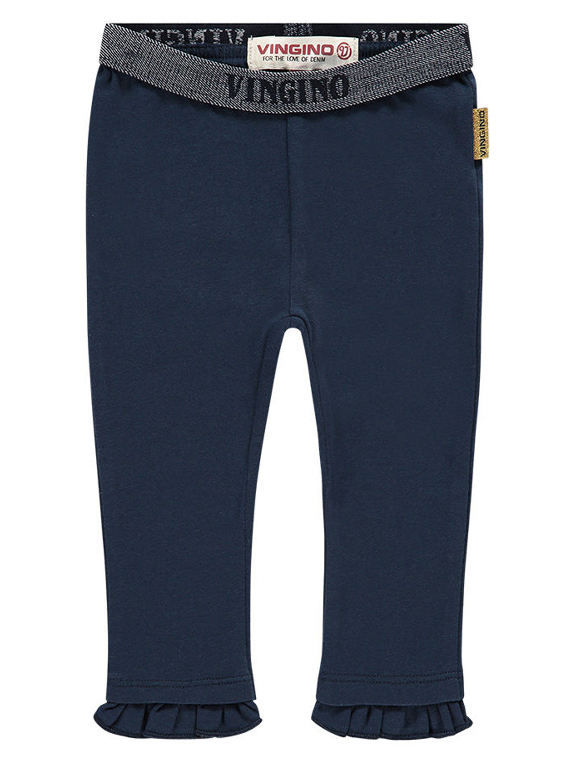 Leggings SILVIE BABY in dunkelblau mit elastischem VINGINO-Bund, seitlichem Logo-Tag und dekorativen Rüschen an den Knöcheln, ideal für Kleinkinder.