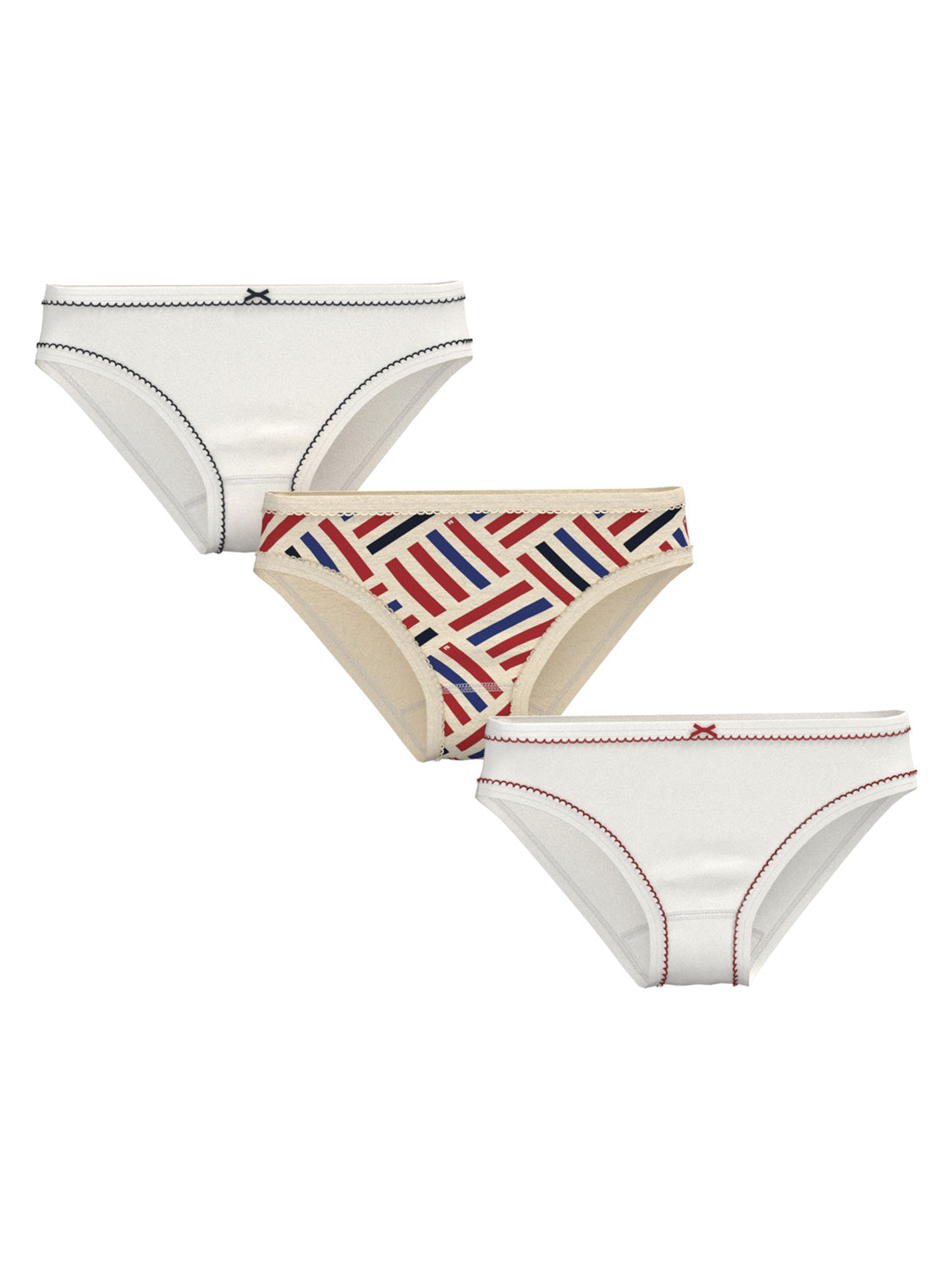 Slip BANDS 3er-Set: Drei Damen-Slips, zwei in Weiß mit kontrastierenden Nahtdetails und Schleife, einer mit geometrischem Muster in Beige, Rot, Blau und Schwarz.