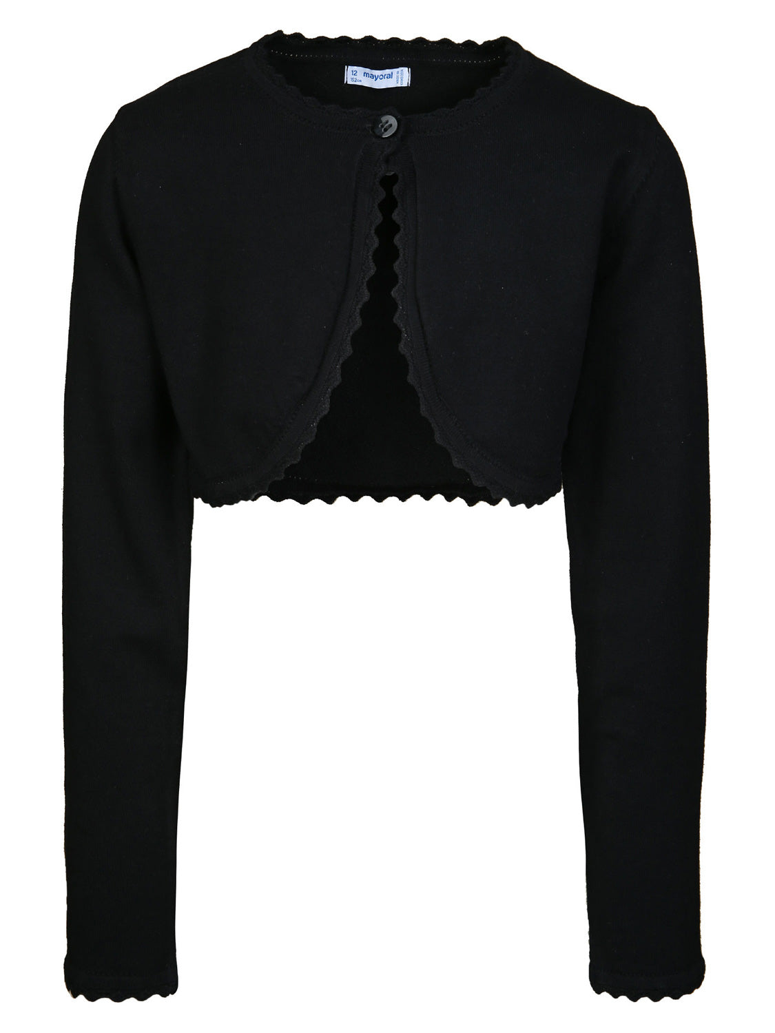 Bolero TEEENS TRIKOT in schwarz schwarz: Kleiner, langärmeliger Bolero-Cardigan mit einem Knopf am Ausschnitt und gewelltem Saum, ideal für vielseitige Teenager-Mode.