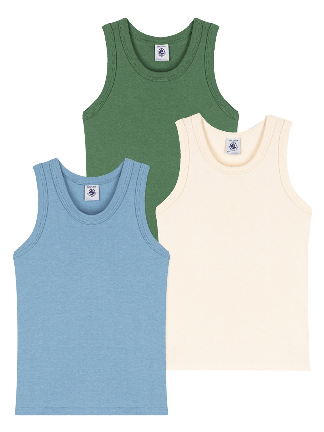 Unterhemd BASIC 3er Pack in bunt, zeigt drei ärmellose, rundhalsige Tanktops, ideal für Kinder, in einer ansprechenden und vielseitigen Farbpalette für den Alltag.