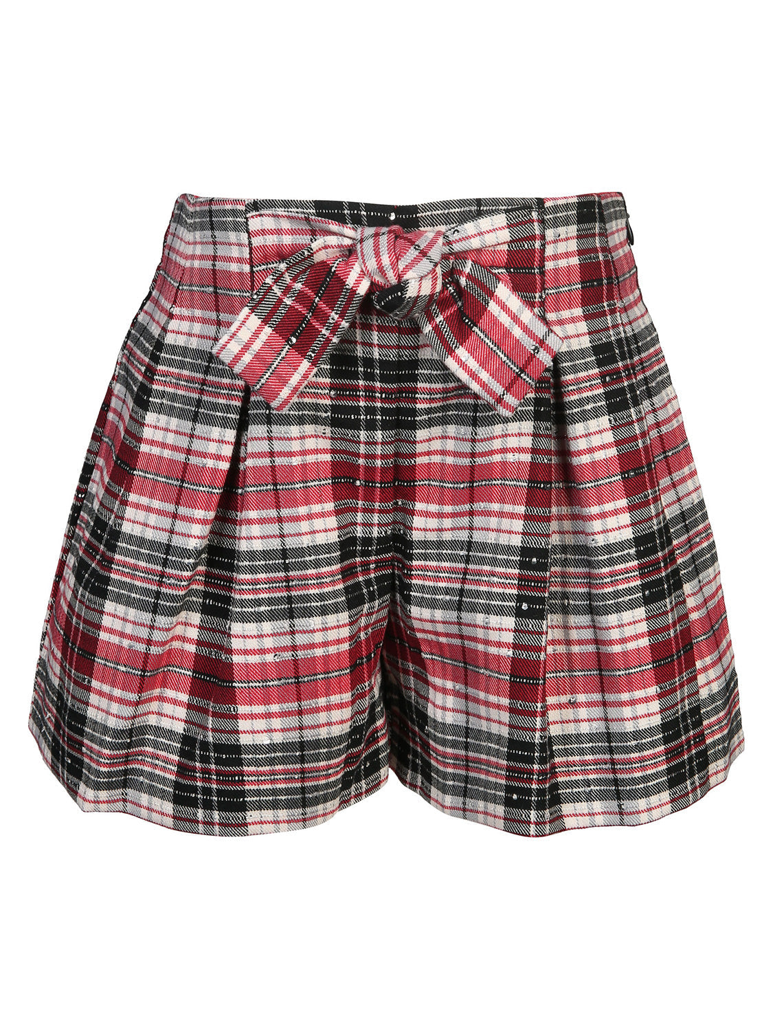 Shorts GLIMMER kariert in rot: Damen-Shorts mit hoher Taille, Boxfalten und passendem Gürtel in Schleife gebunden, passend für stilvolle und vielseitige Mode.