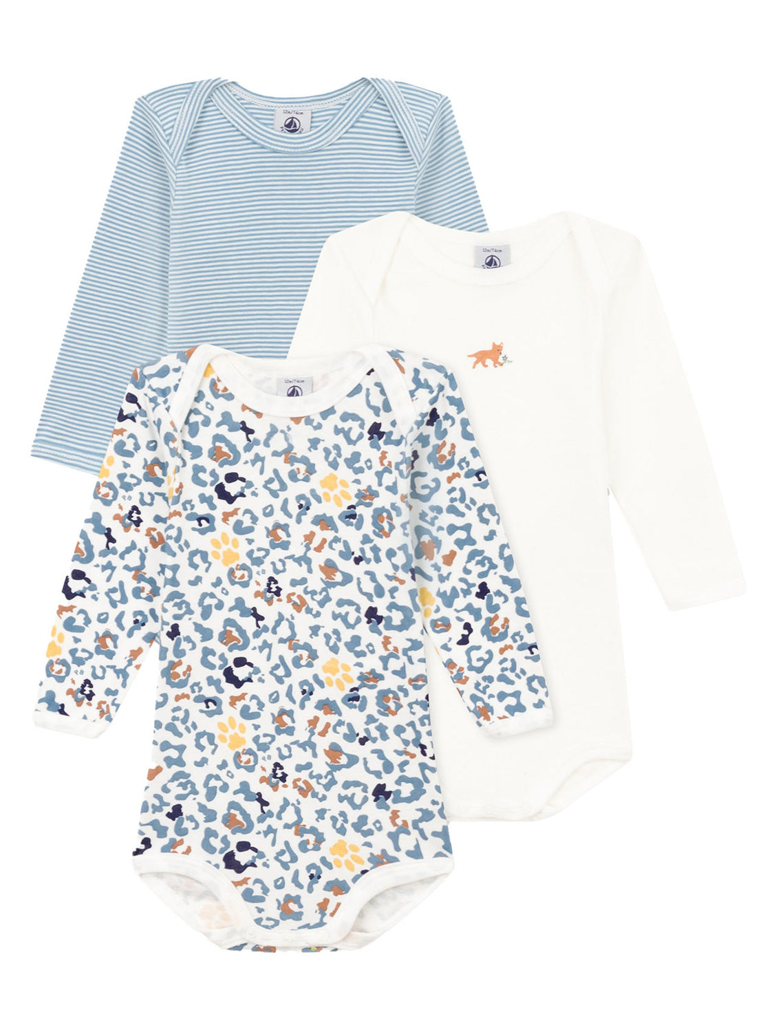Langarmbody LOUPY 3er Pack: Drei Baby-Bodys, gestreift, mit Fuchs-Motiv und Leopardenmuster, ideal für stilvolle Vielfalt im Kleiderschrank kleiner Entdecker.