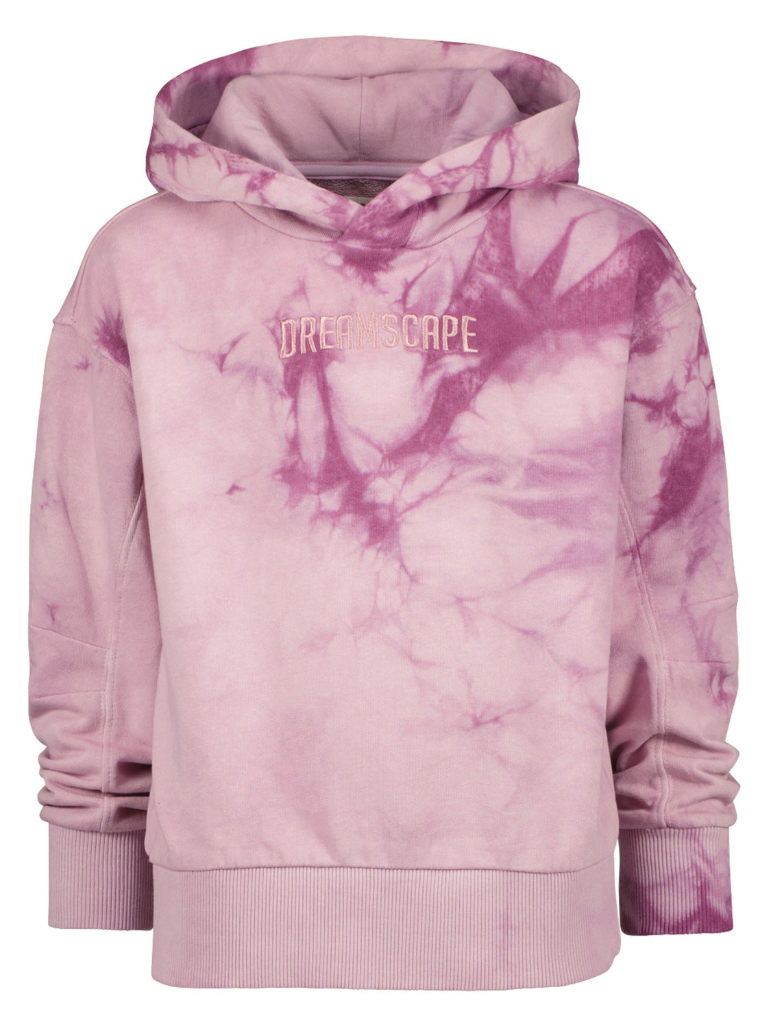 Hoodie Rosa: Lässiger Pullover mit tie-dye Muster, „DREAMSCAPE“-Stickerei auf der Brust, geräumiger Kapuze, überschnittenen Schultern und gerippten Abschlüssen, ideal für bequemen Baby- und Kinderstil.
