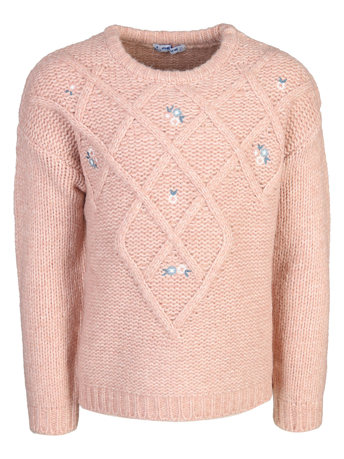Pullover Rosa: Langärmeliger, chunky Strickpullover mit rautenförmigem Zopfmuster und zarten Stickblumen, ideal für gemütliche Looks aus dem bellybutton Shop.