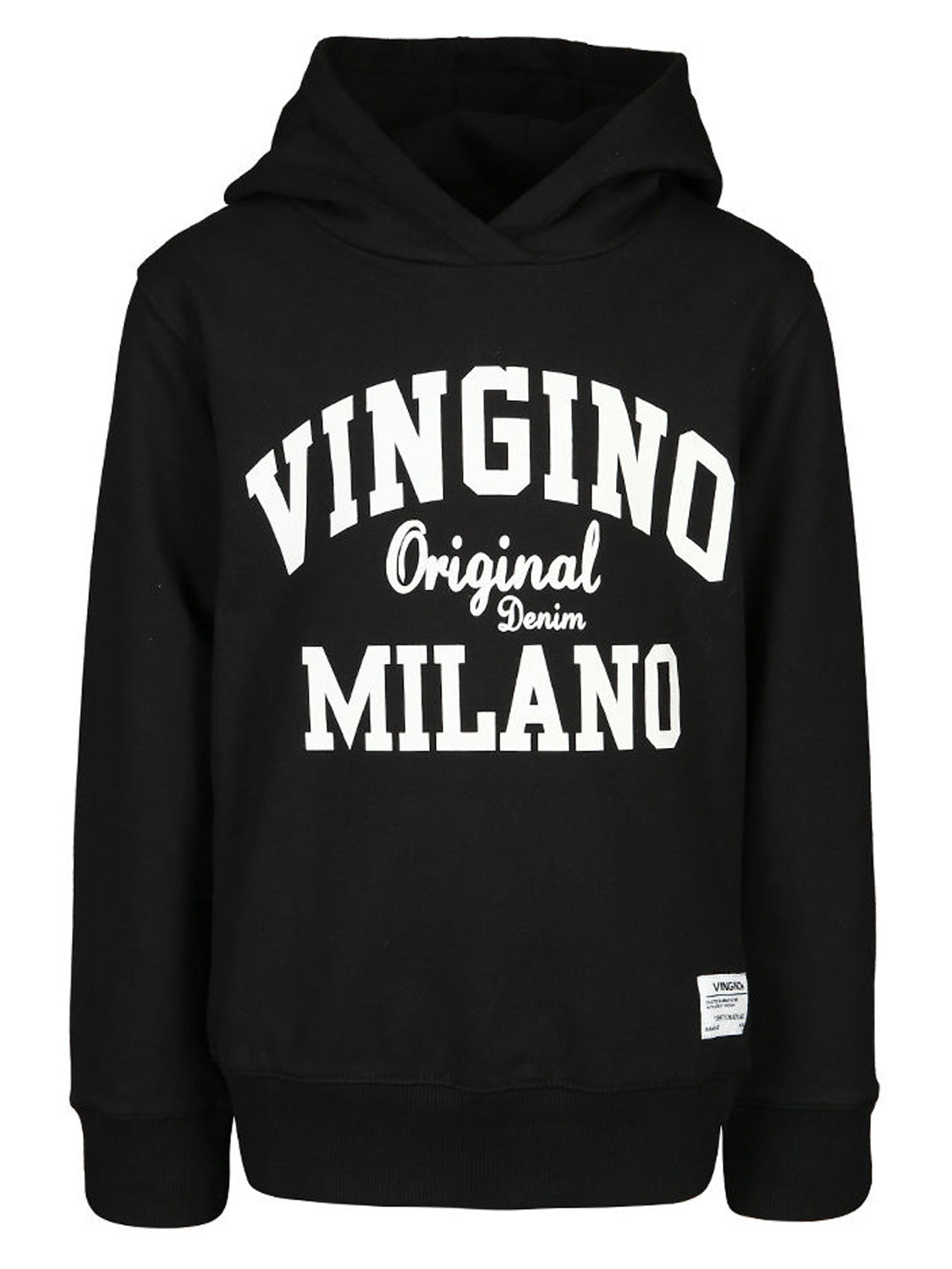 Hoodie Schwarz mit weißen Buchstaben VINGINO Original Denim MILANO und kleinem Label am Saum. Ideal für stilbewusste Teenager, erhältlich bei bellybutton.
