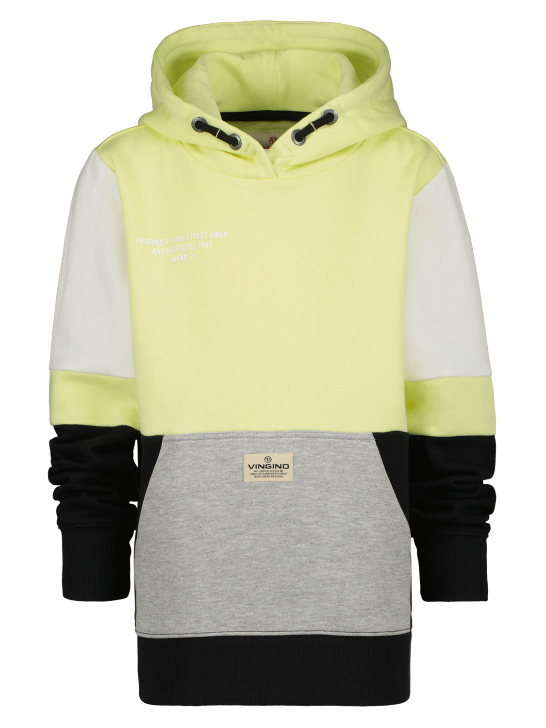 Hoodie Gelb: Farbig gestalteter Pullover mit VINGINO-Label, weißem Slogan auf der Brust, ideal für coole, street-inspirierte Looks aus dem Shop für Kinder- und Teenagermode.