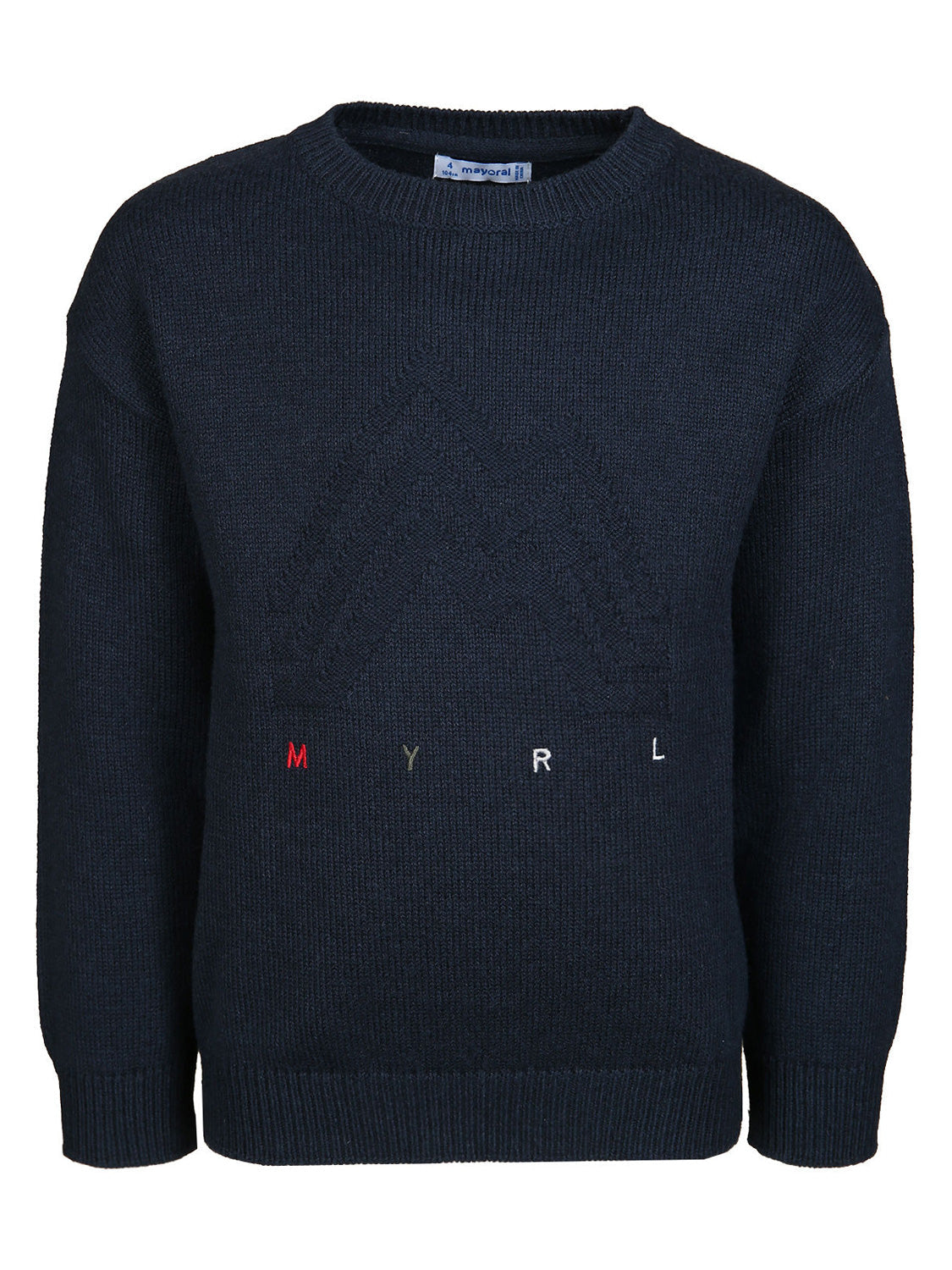 Pullover Marineblau: Navy-blauer, langärmeliger Strickpullover mit Chevron-Muster und farbigen MYRL-Stickereien, ideal für stilvolle Alltagslooks bei bellybutton.