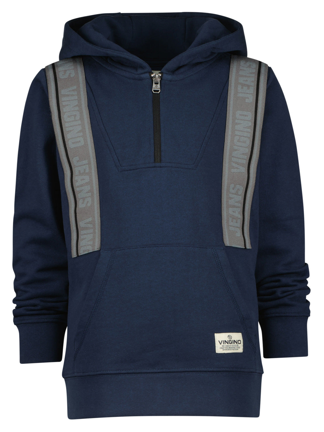 Hoodie Marineblau mit halbem Reißverschluss, Kängurutasche und grauen Schulterbändern mit Vingino Jeans-Aufdruck. Perfekt für lässige Alltags-Outfits bei bellybutton.