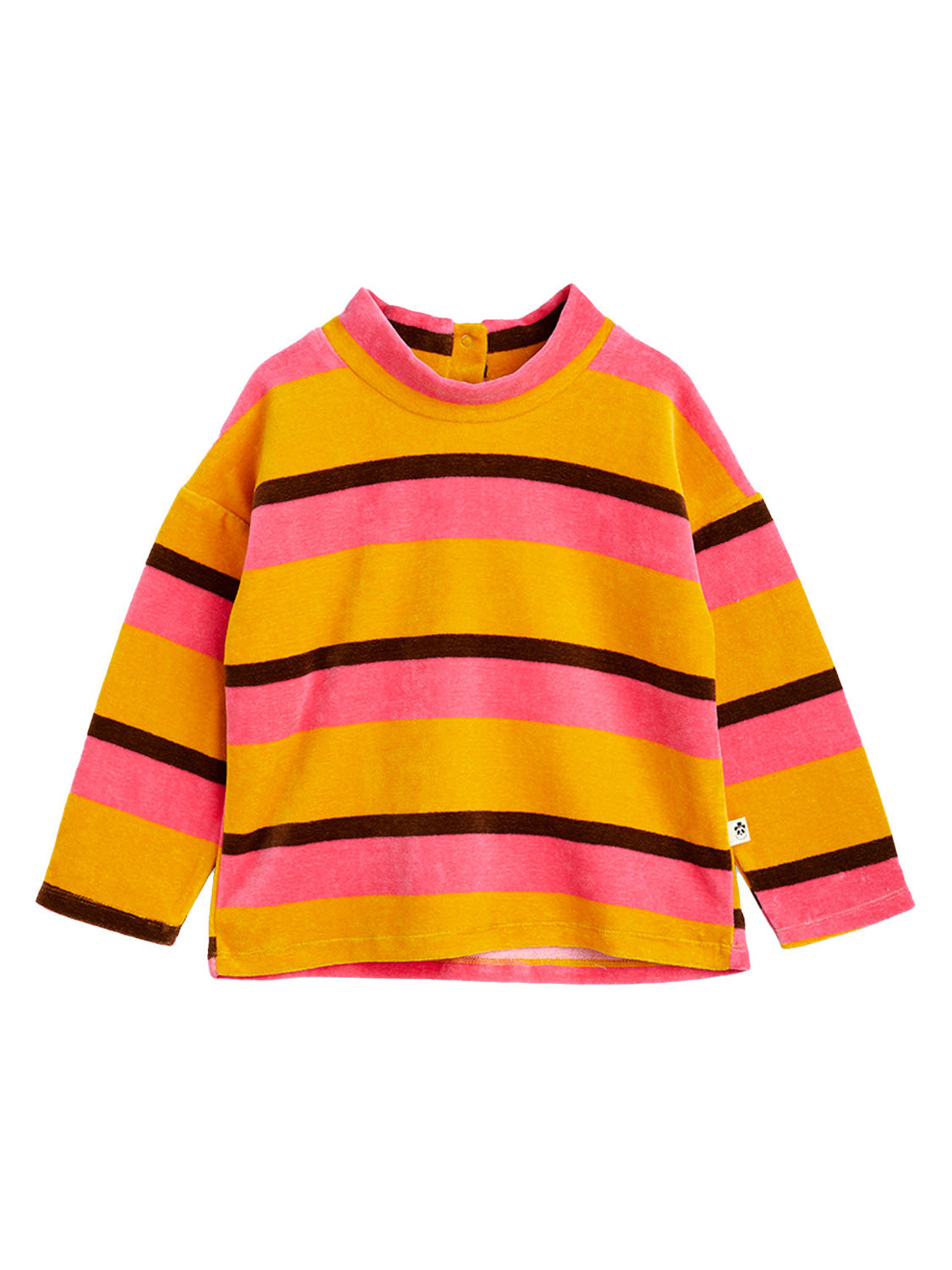 Pullover Mehrfarbig für Kinder mit langen Ärmeln, Rundhalsausschnitt und breiten Streifen in Gelb und Pink, dunkle Trennlinien, Knopfverschluss hinten, ideal für den Alltag.