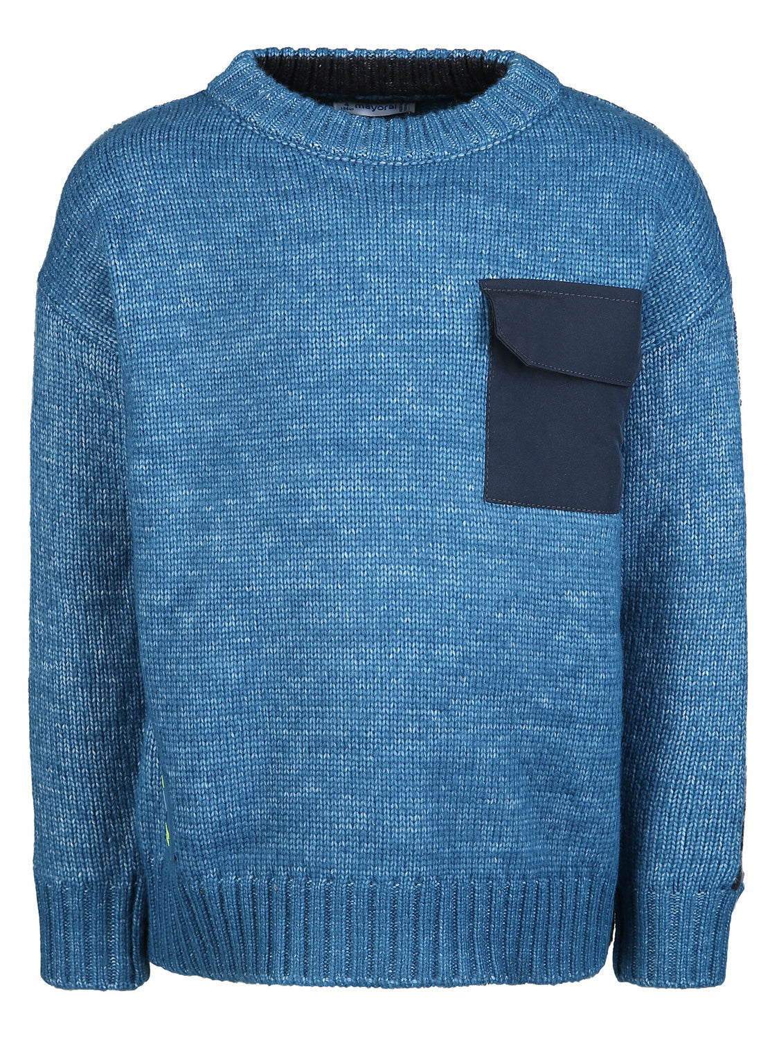 Sweatshirt Blau: Grob gestrickter Pullover aus Baumwollmix mit rundem Halsausschnitt, langen Ärmeln, Rippbündchen und kontrastierender Brusttasche mit Klappe.