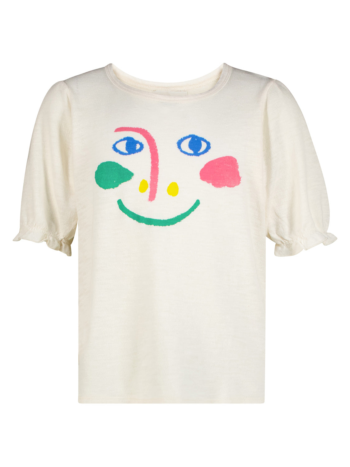 T-Shirt Beige mit kurzen Puffärmeln, zeigt ein abstrakt lächelndes Gesicht aus bunten Formen auf der Vorderseite. Perfekt für stilvolle Kinder im 'bellybutton' Shop.
