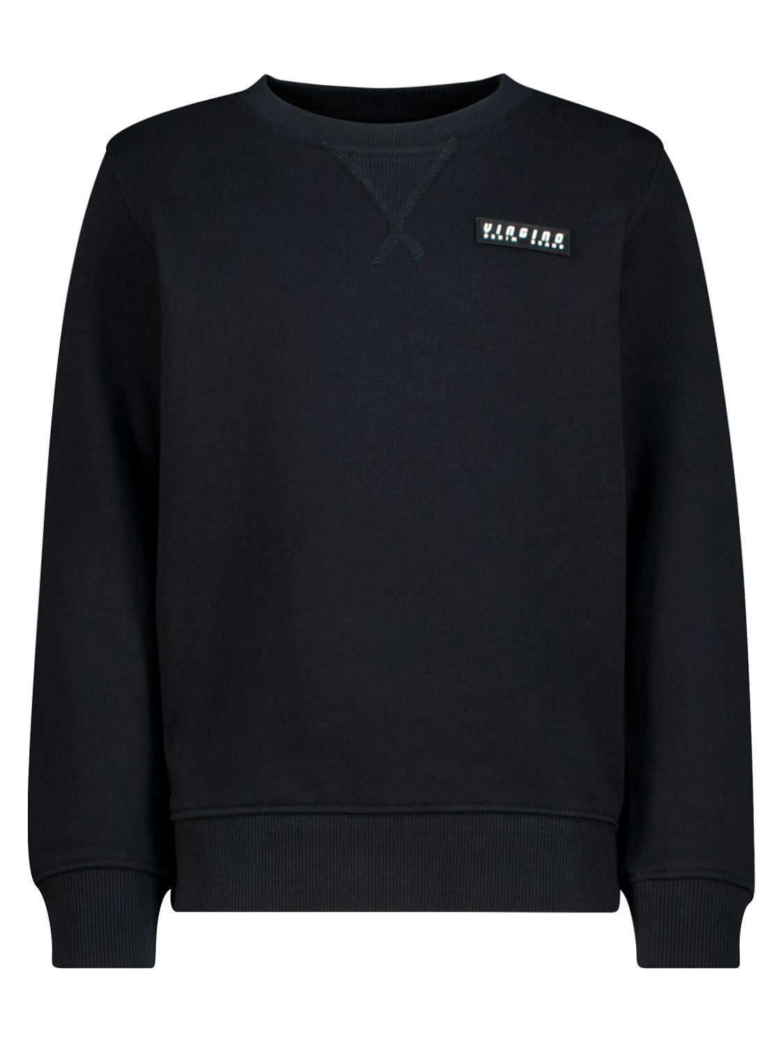 Schwarzes Sweatshirt Schwarz mit Rundhalsausschnitt. Vingino-Logo-Patch auf der linken Brust und dreieckige Naht unter dem Kragen. Gerippte Bündchen und Saum.