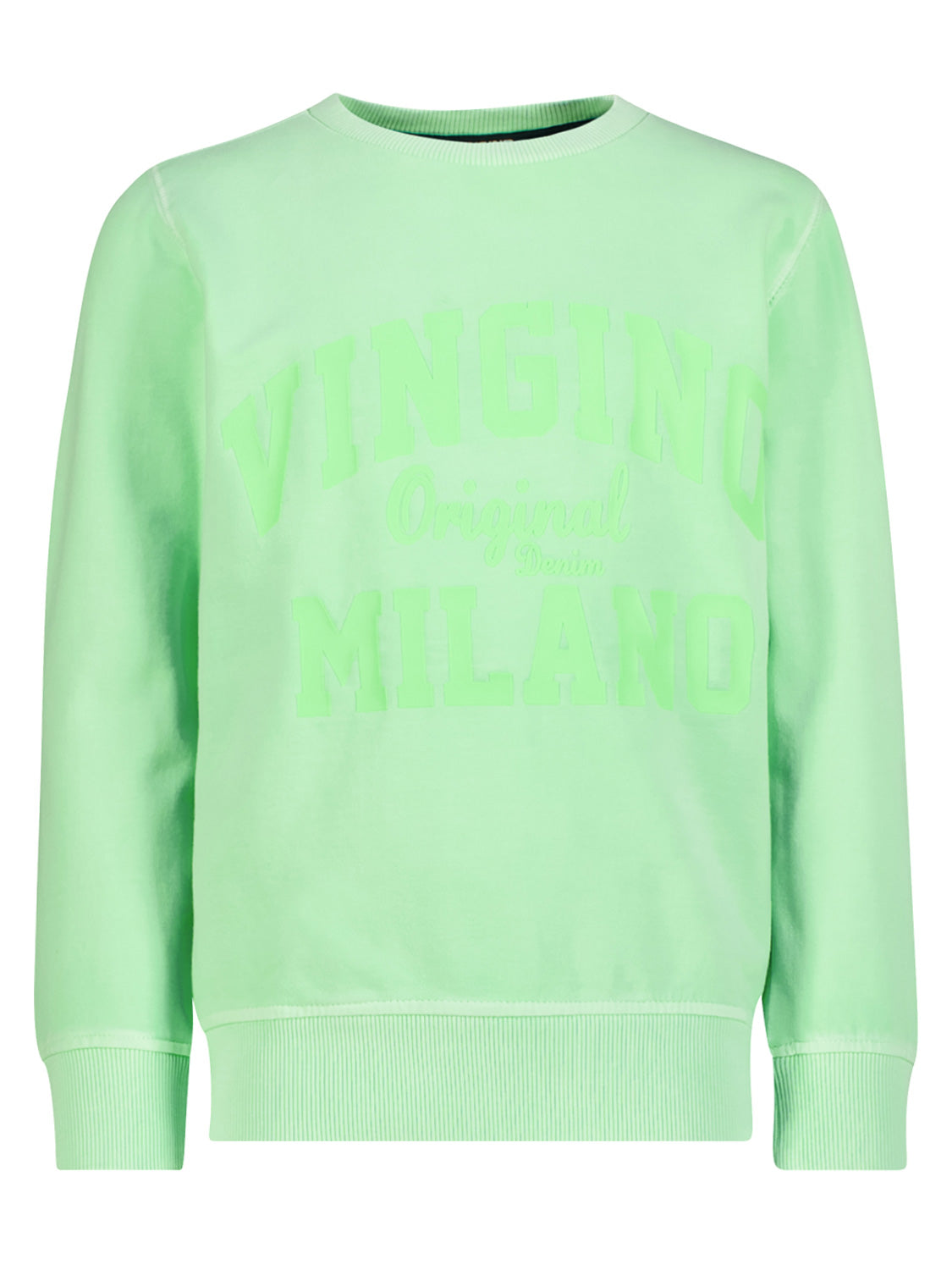 Sweatshirt Grün: Mintgrüner Crewneck mit geprägtem Schriftzug „VINGINO Original Denim MILANO“, gerippte Bündchen und Saum, ideal für stilvolle Kinder- und Teenagermode von bellybutton.