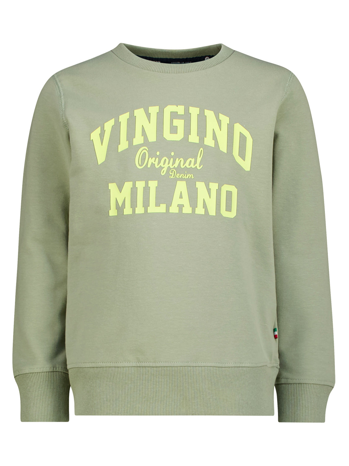 Sagegrüner Sweatshirt Khaki mit VINGINO Original Denim MILANO Print, gerippten Bündchen und Saum, kleiner rot-weiß-grüner Seitennaht-Tag. Ideal für stilvolle Kinder- und Jugendmode.