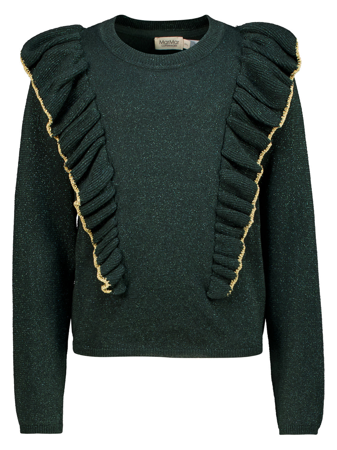 Pullover Grün mit glitzerndem Feinstrick, langen Ärmeln und verspielten Rüschen mit goldener Kante. Marke: MarMar Copenhagen. Ideal für stilvolle Kindermode bei bellybutton.