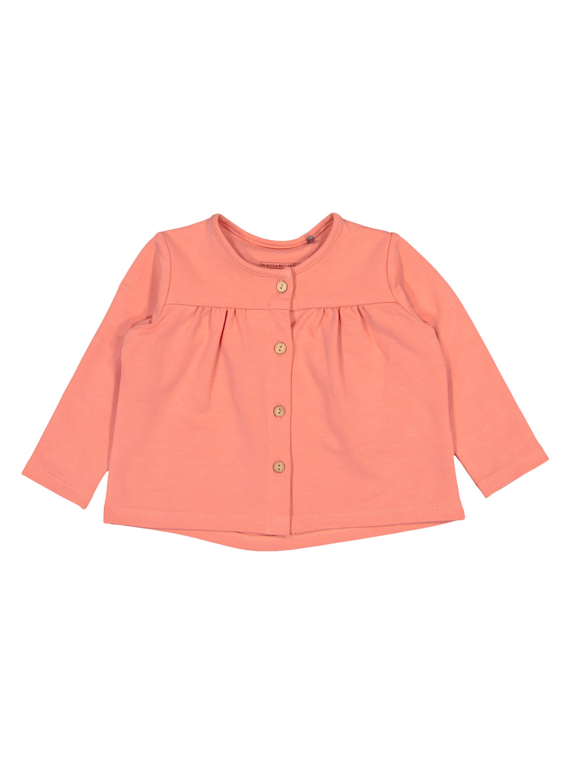 Kleinkind-Sweatjacke Hello Sunshine Koralle mit geraffter Passe und vier Holzknöpfen, flach auf weißem Hintergrund präsentiert. Ideal für stilvolle Kindermode von bellybutton.