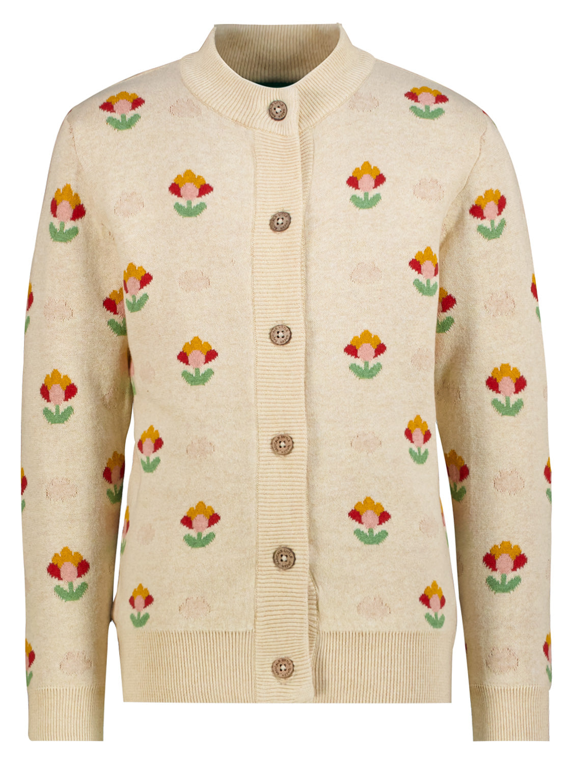 Strickjacke Beige: Damen-Feinstrick-Cardigan mit Blumenmuster, Rundhalsausschnitt, gerippten Abschlüssen und Holzknöpfen, aus weicher Bio-Baumwolle.