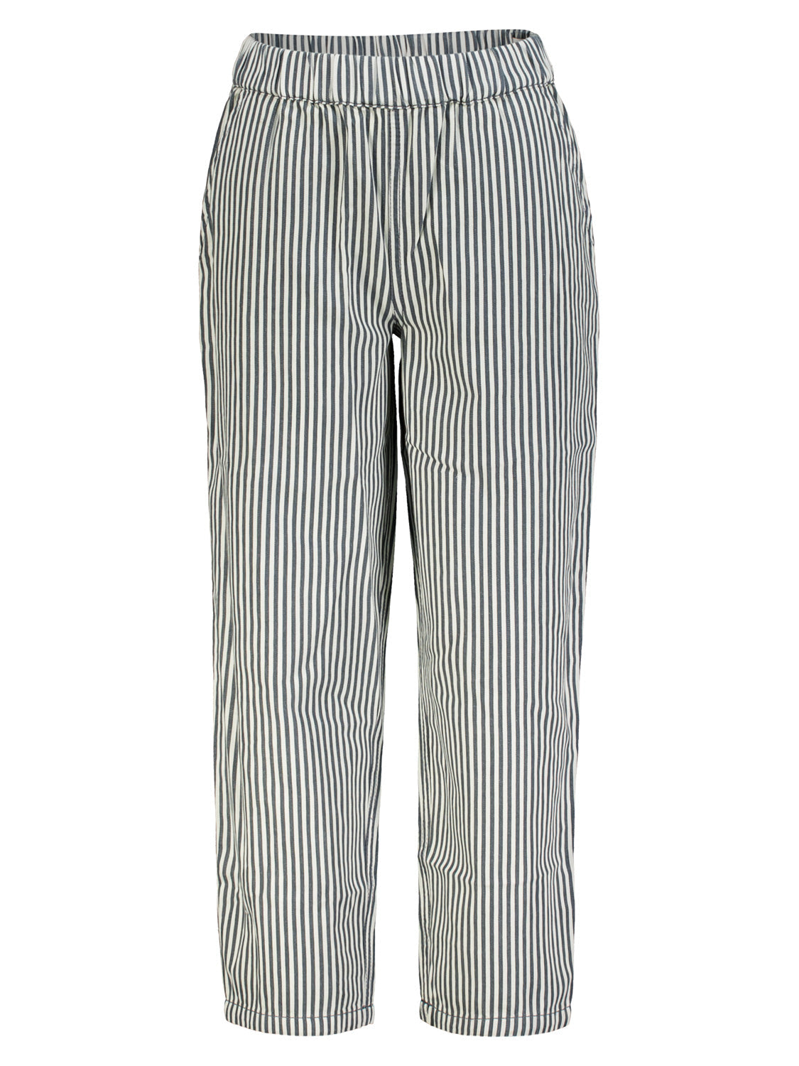 Hose Cremeweiß mit vertikalem Streifenmuster, elastischem Bund und Seitentaschen, ideal für lässigen Alltag. Leichter Stoff, perfekt für entspannte Momente.