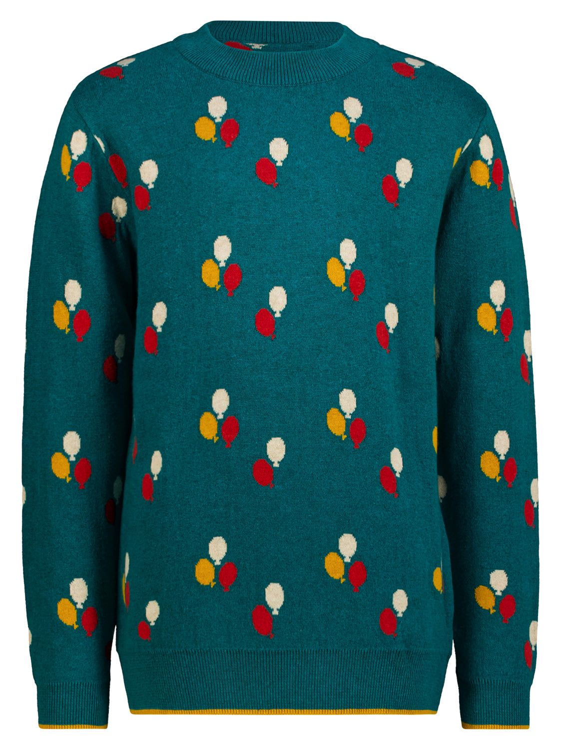 Pullover Türkis mit langen Ärmeln, Ballonmotiv in Weiß, Gelb und Rot. Verspieltes Design mit Rippabschlüssen an Bündchen, Saum und Ausschnitt. Perfekt für Kinderkleidung von bellybutton.