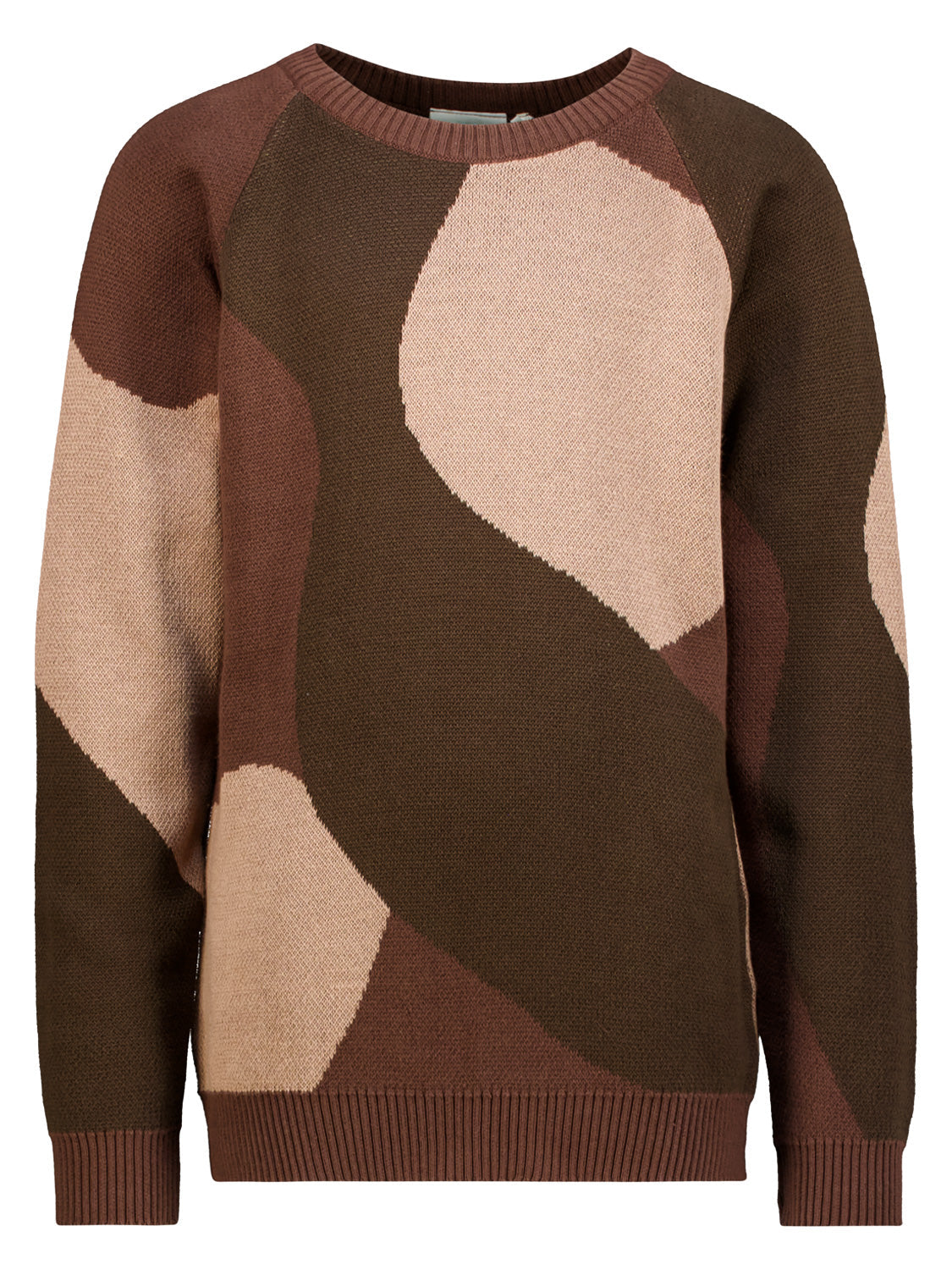 Pullover Braun: Locker sitzender Strickpullover mit Rundhalsausschnitt, Raglanärmeln und Rippenbündchen im abstrakten Camouflage-Look, ideal für kühleres Wetter.