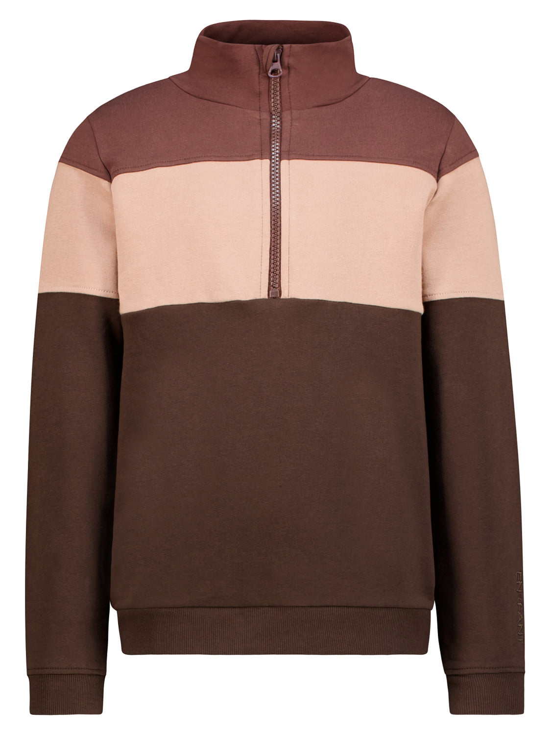 Sweatshirt Braun mit Viertelreißverschluss und Farbblock-Design, ideal für stilvolle Kinder- und Teenagermode von bellybutton. Perfekt für modische Looks.