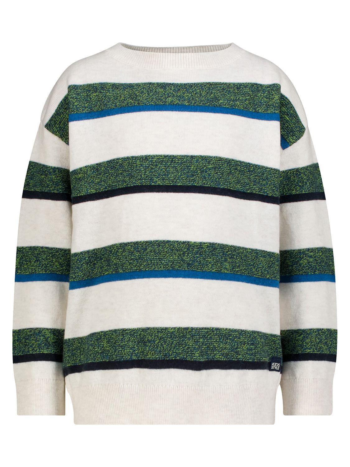 Pullover Weiß: Strickpullover mit breiten grünen Streifen, schmalen blauen Akzenten, gerippten Bündchen und KIDS STYLE-Label am Saum. Ideal für Kinder, passend zum bellybutton-Stil.